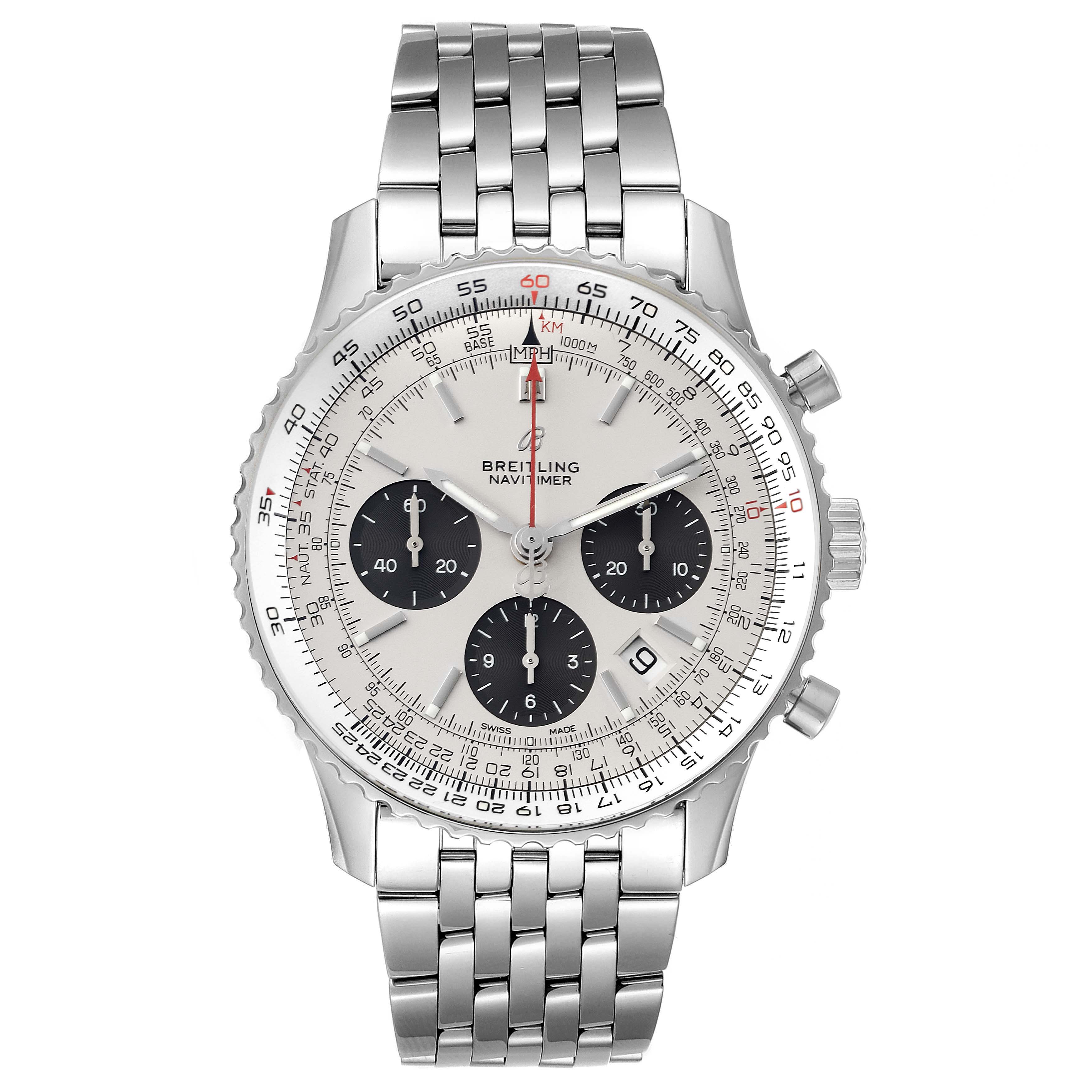 The image shows a Breitling Navitimer AB0121 Men's Stainless Steel Silver Dial AB0121 Men's Stainless Steel Silver Dial watch from a front angle, displaying the dial, bezel, and metal bracelet.