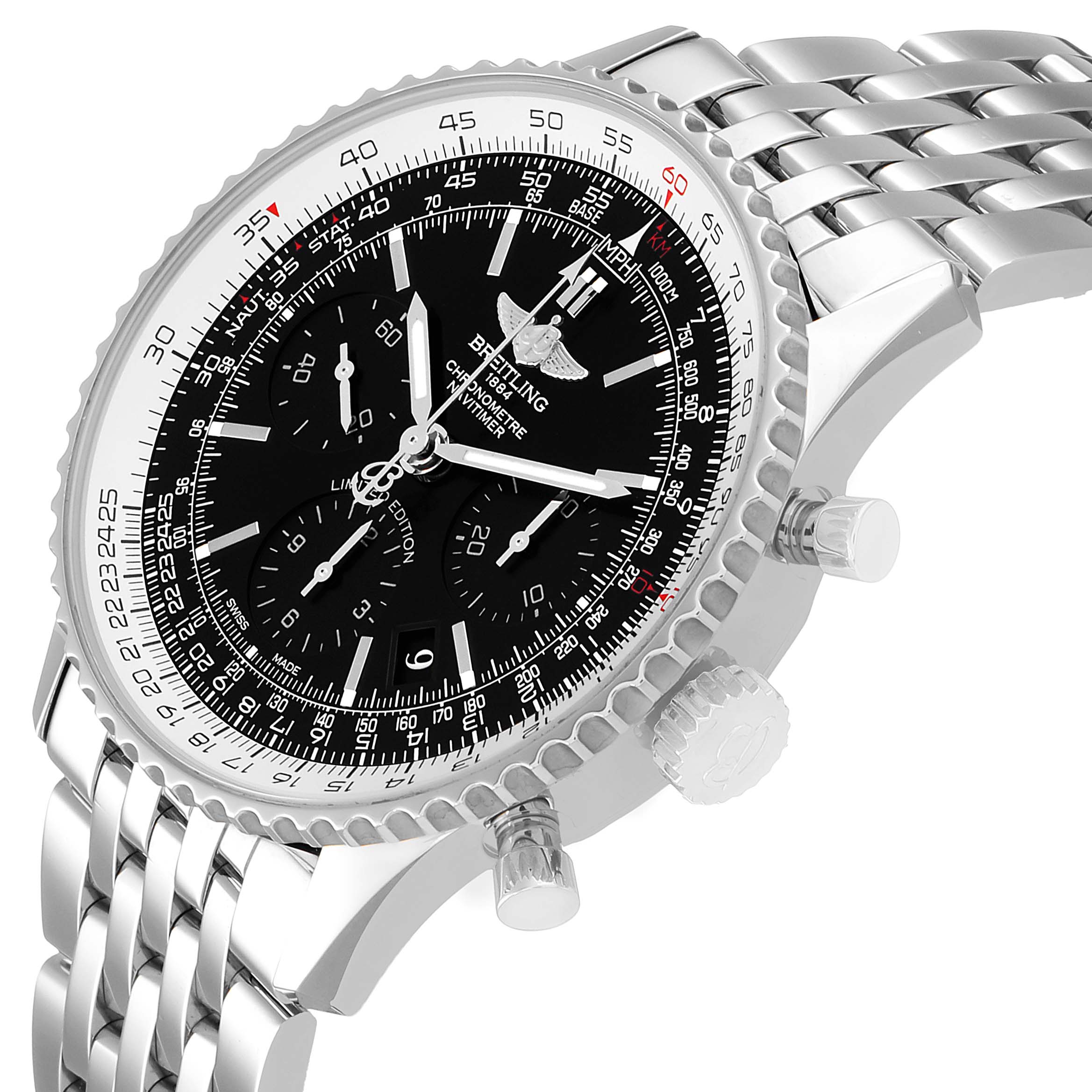The Breitling Navitimer AB0121 Men's Stainless Steel Black Dial watch is shown at a tilted side angle, showcasing the face, bezel, crown, pushers, and metal bracelet.
