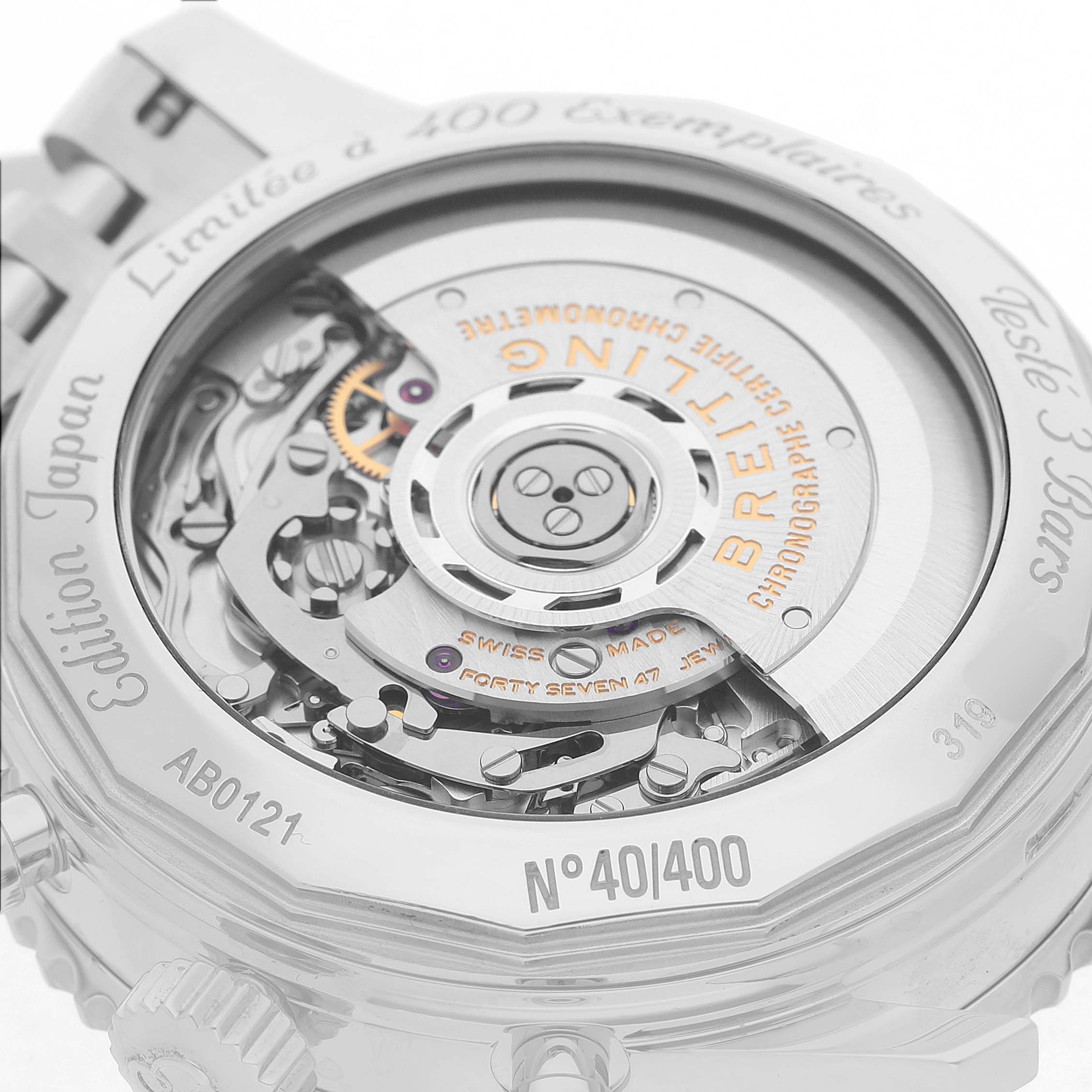 The image shows the back of a Breitling Navitimer AB0121 Men's Stainless Steel Black Dial, highlighting its exposed movement and rotor details.