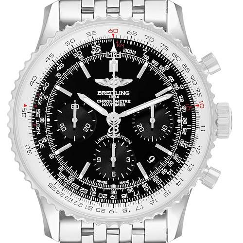 The Breitling Navitimer AB0121 Men's Stainless Steel Black Dial watch is shown from a front angle, displaying its black dial, sub-dials, bezel, and stainless steel strap.