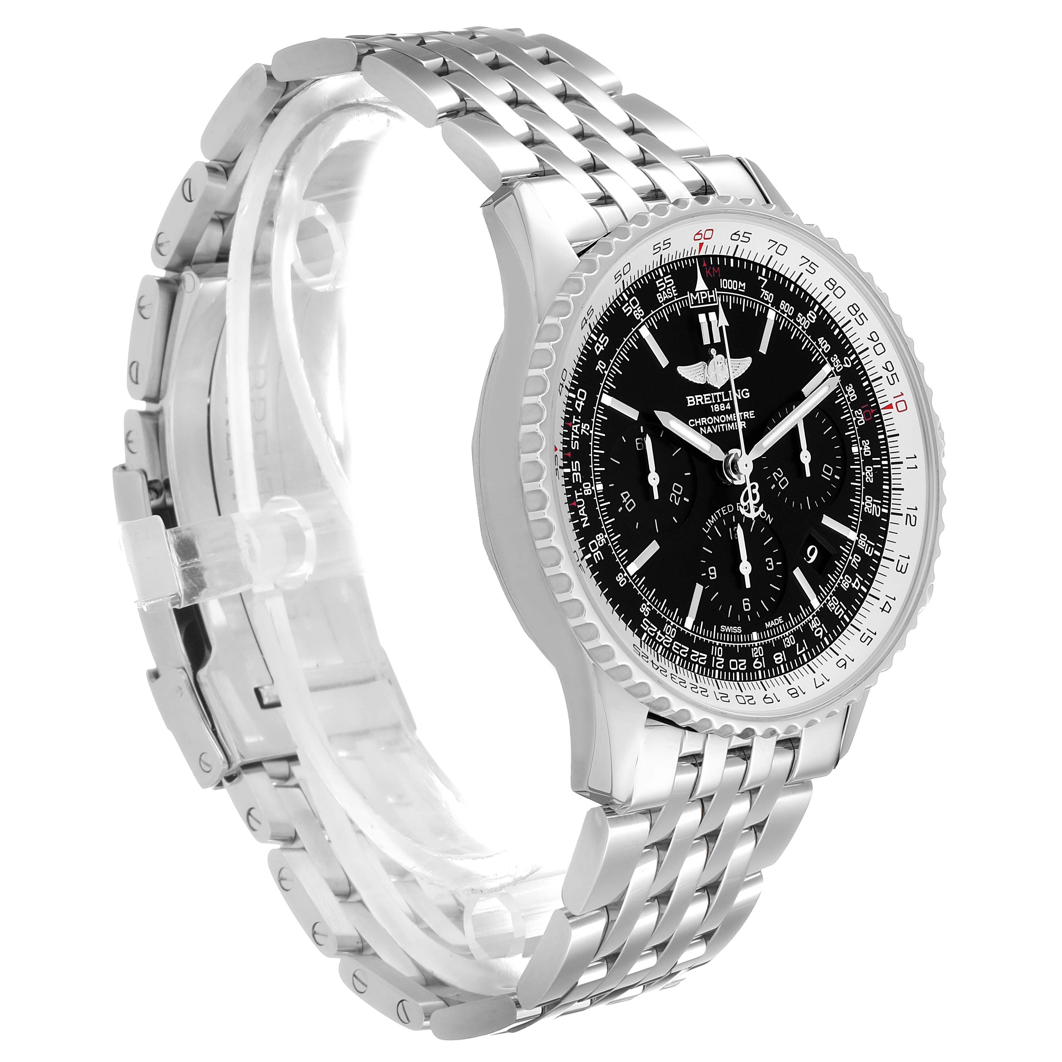 The Breitling Navitimer AB0121 Men's Stainless Steel Black Dial watch is shown from a three-quarter angle, highlighting its face, bezel, and metal bracelet.