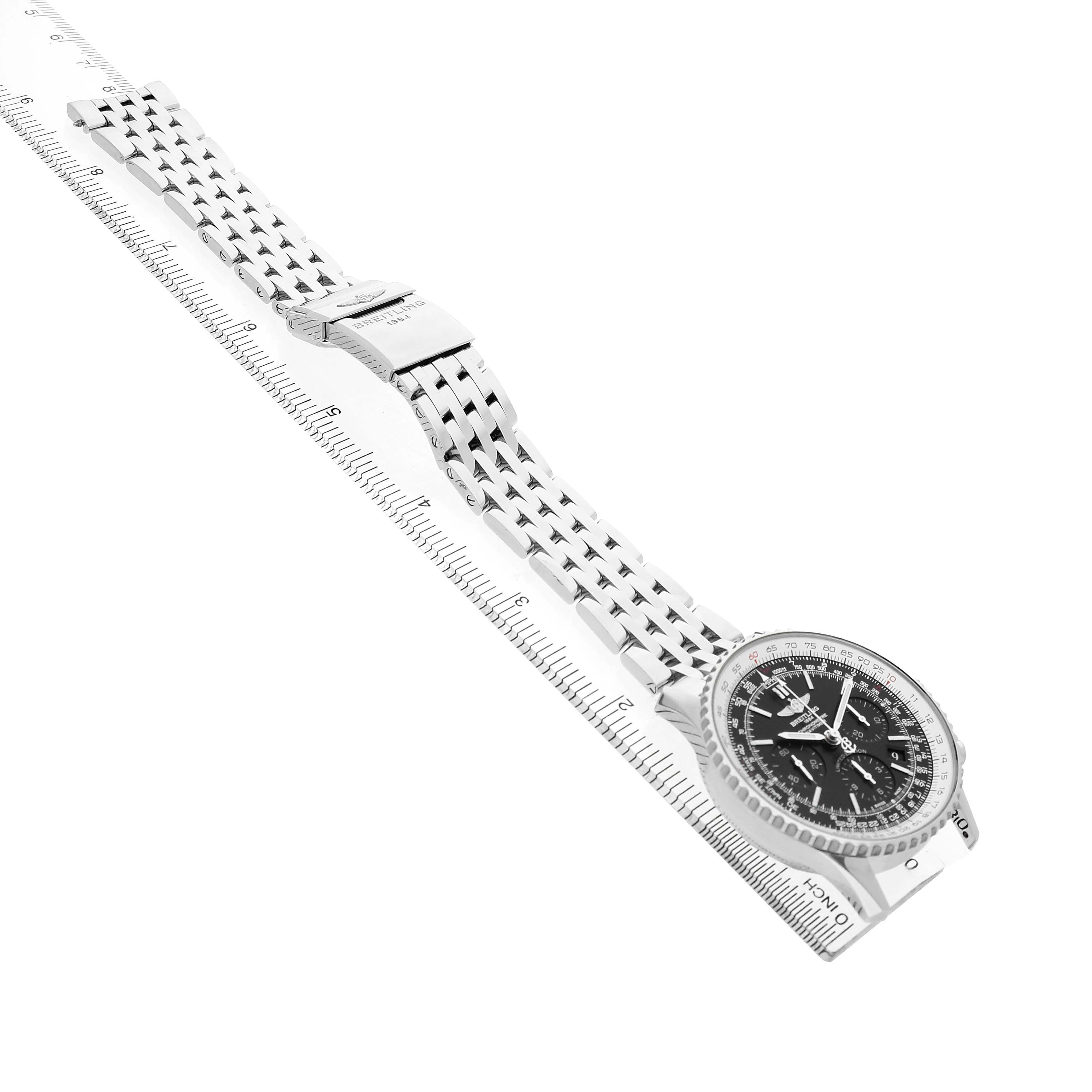 The Breitling Navitimer AB0121 Men's Stainless Steel Black Dial watch is shown from an angled top view, displaying the face, band, and clasp.