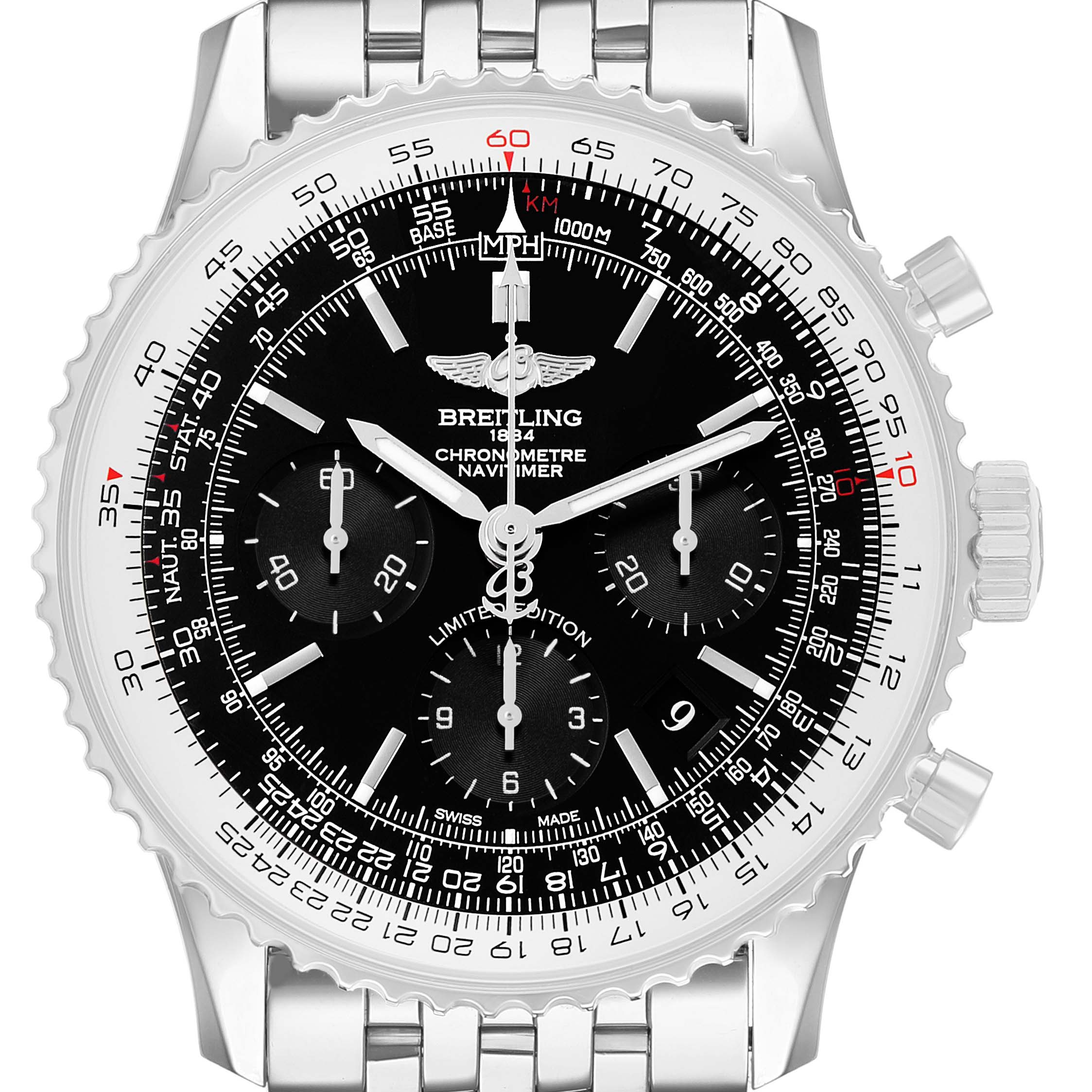 The Breitling Navitimer AB0121 Men's Stainless Steel Black Dial watch is shown from a front angle, highlighting its bezel, chronograph dials, and bracelet.
