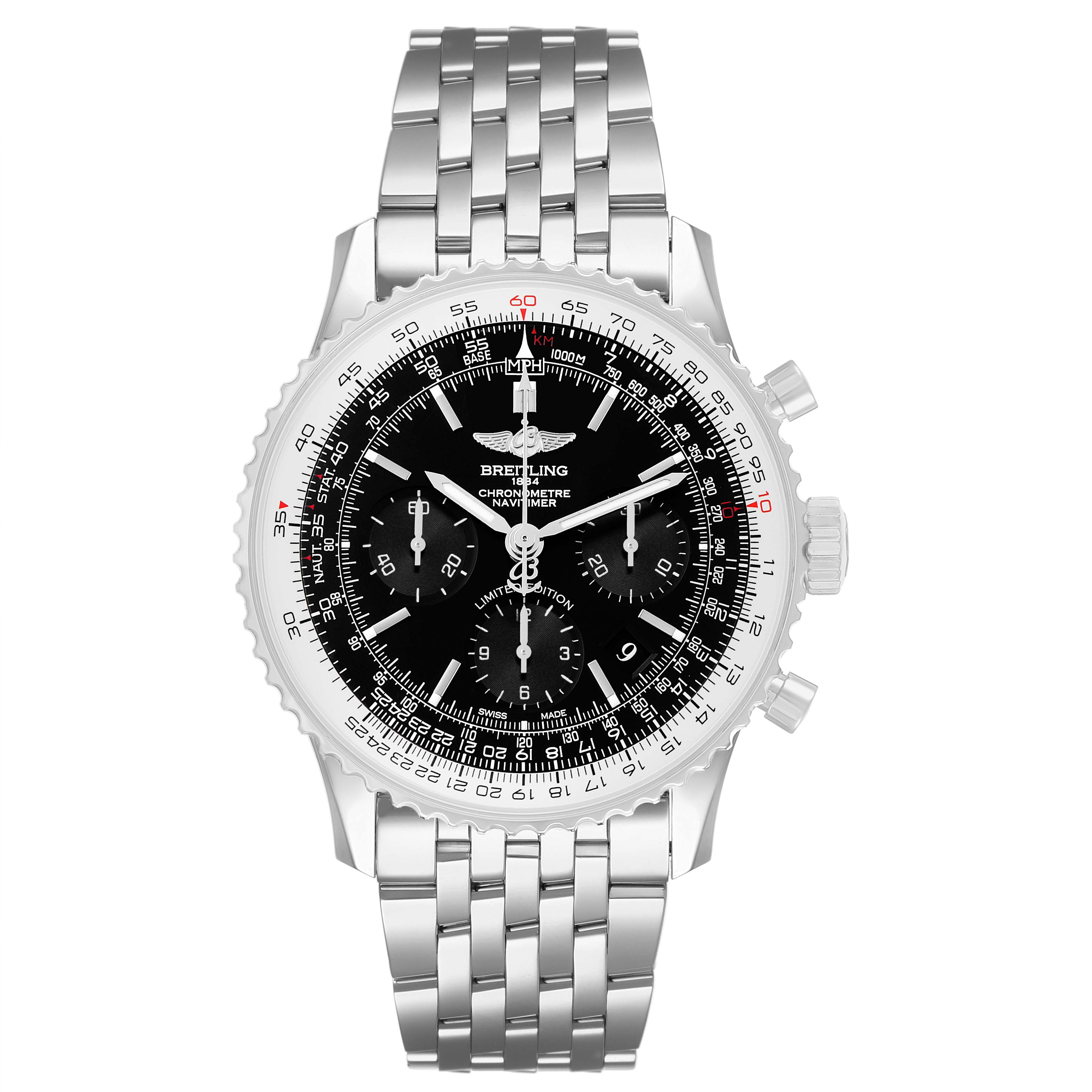 The Breitling Navitimer AB0121 Men's Stainless Steel Black Dial watch is shown from a top view, displaying the face, bezel, and bracelet.