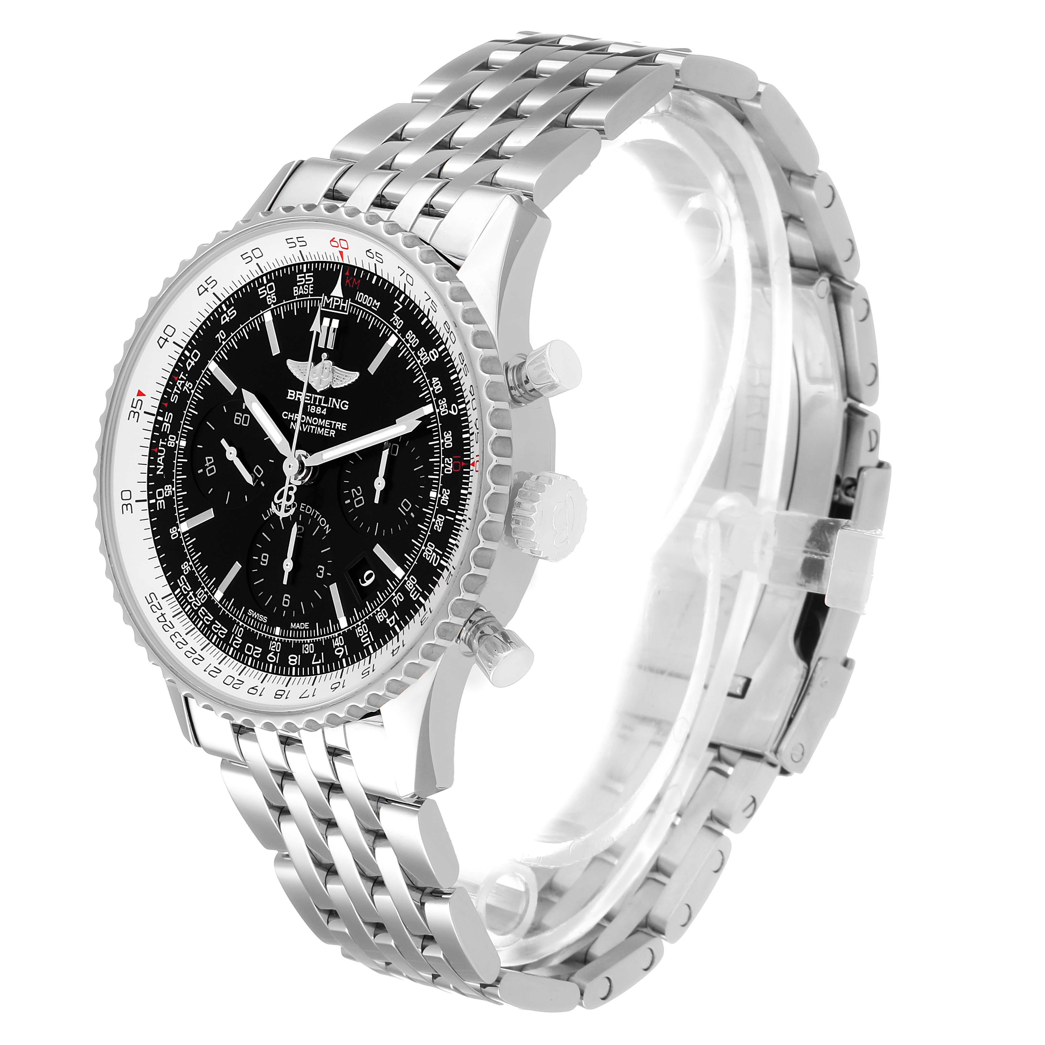 The Breitling Navitimer AB0121 Men's Stainless Steel Black Dial watch is shown at a three-quarter angle, displaying the face, bezel, and bracelet clearly.