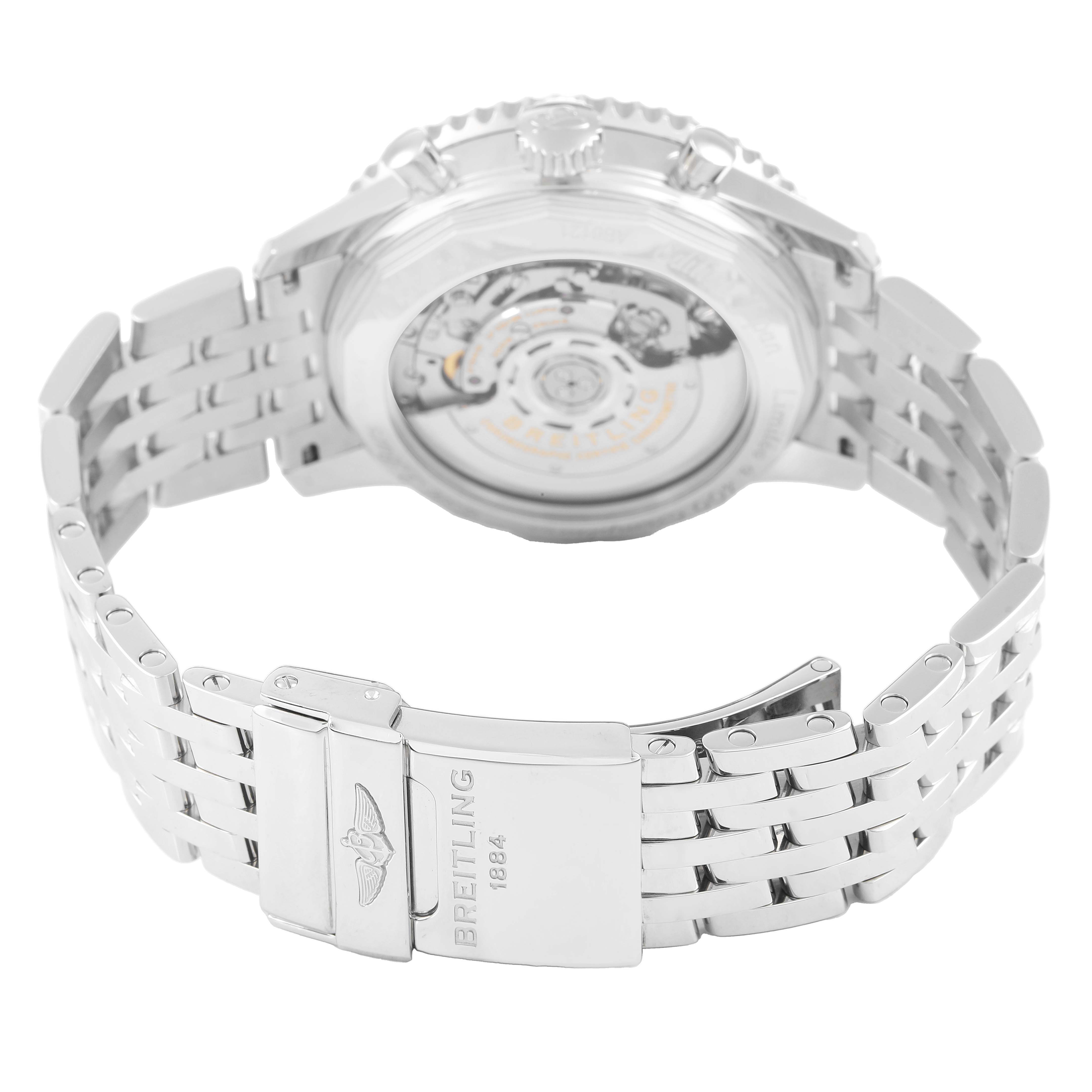 The image shows the Breitling Navitimer AB0121 Men's Stainless Steel Black Dial watch from the back, highlighting the transparent case back and metal bracelet.