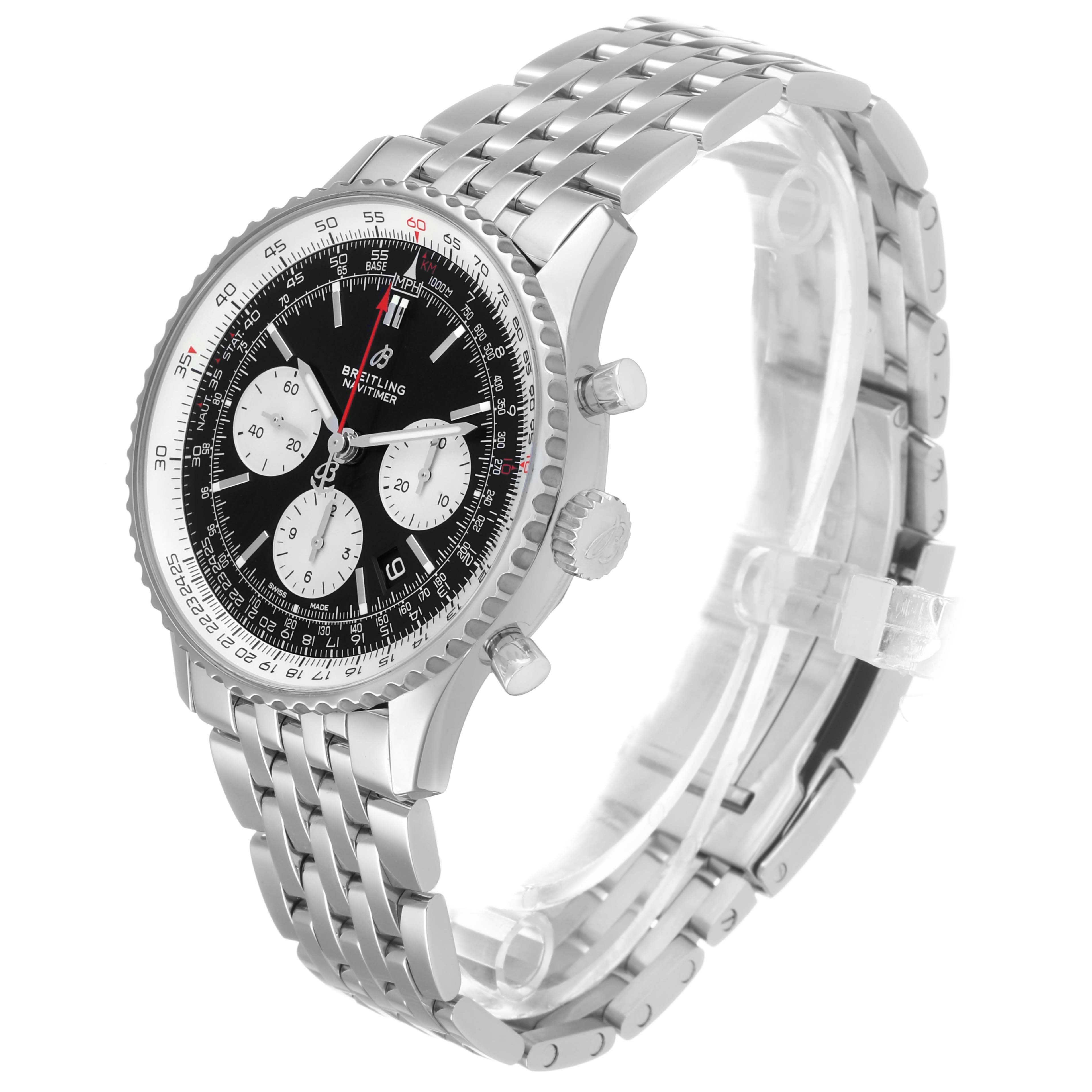 The Breitling Navitimer AB0121 Men's Stainless Steel Black Dial watch is shown at a three-quarter angle, displaying the face, bezel, and bracelet.