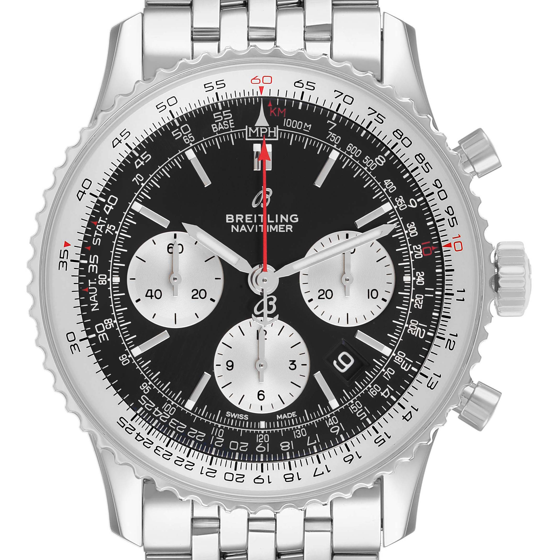 The Breitling Navitimer AB0121 Men's Stainless Steel Black Dial watch is shown from a front angle, highlighting the dial, bezel, and bracelet with visible subdials and pushers.