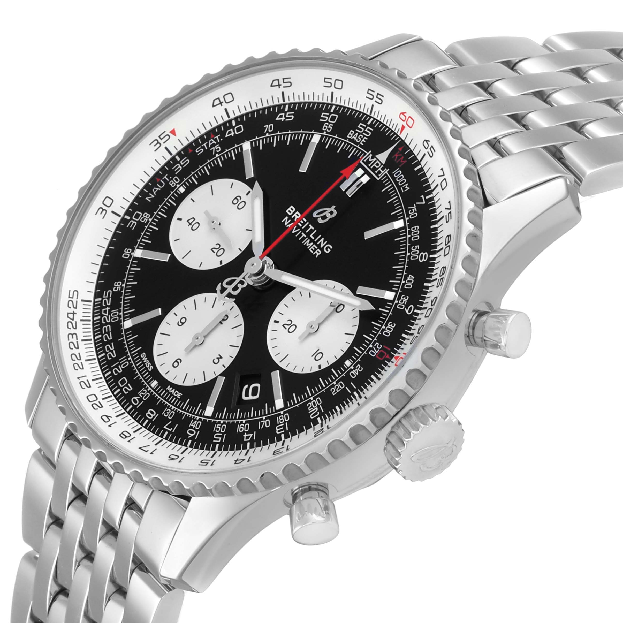 The Breitling Navitimer AB0121 Men's Stainless Steel Black Dial is shown at a slight angle, highlighting its face, bezel, crown, pushers, and part of the bracelet.