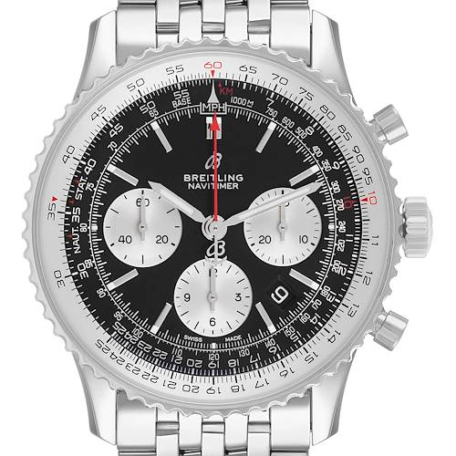 The Breitling Navitimer AB0121 Men's Stainless Steel Black Dial watch is shown from a front angle, highlighting its dial, chronograph subdials, bezel, and metallic bracelet.