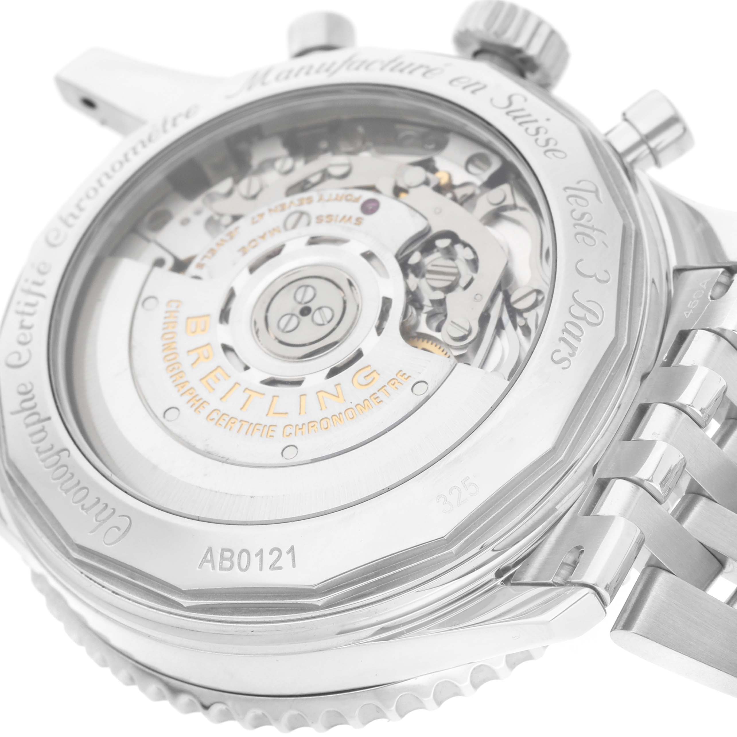The image shows the rear view of the Breitling Navitimer AB0121 Men's Stainless Steel Black Dial, highlighting its transparent case back and movement.