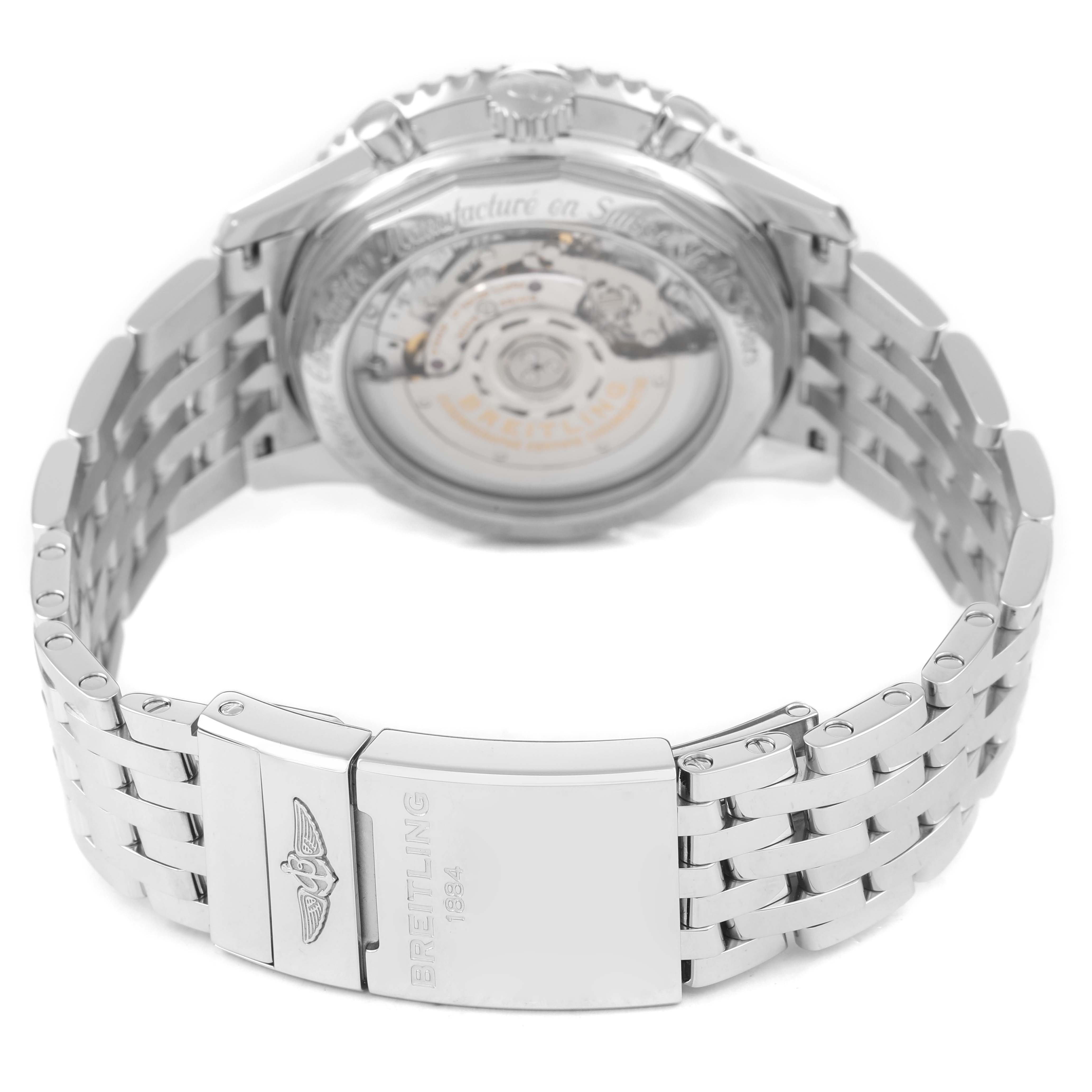 The image shows the back of the Breitling Navitimer AB0121 Men's Stainless Steel Black Dial watch, detailing the bracelet and see-through case back.