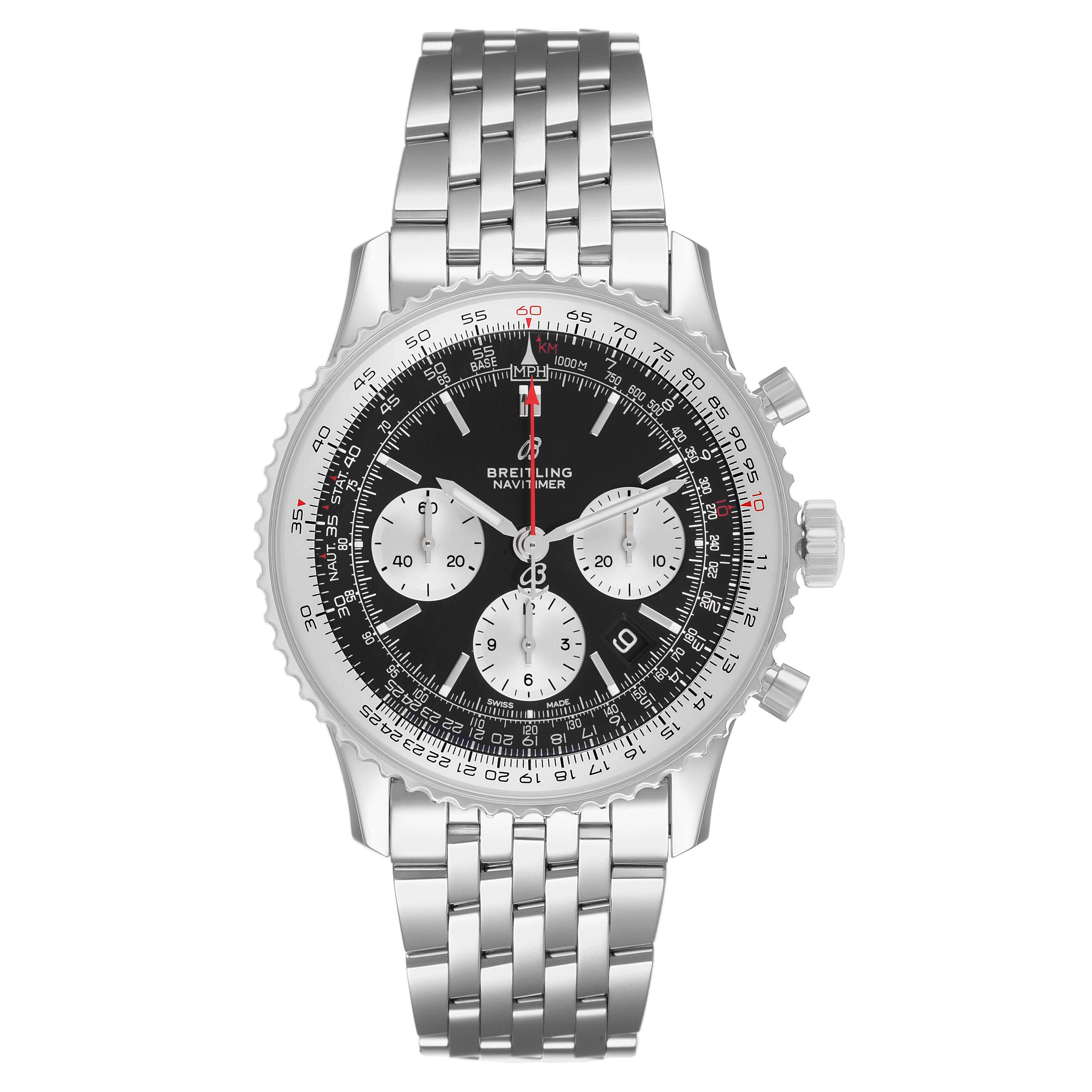 The Breitling Navitimer AB0121 Men's Stainless Steel Black Dial watch is shown from a front angle, displaying its dial, bezel, and bracelet.