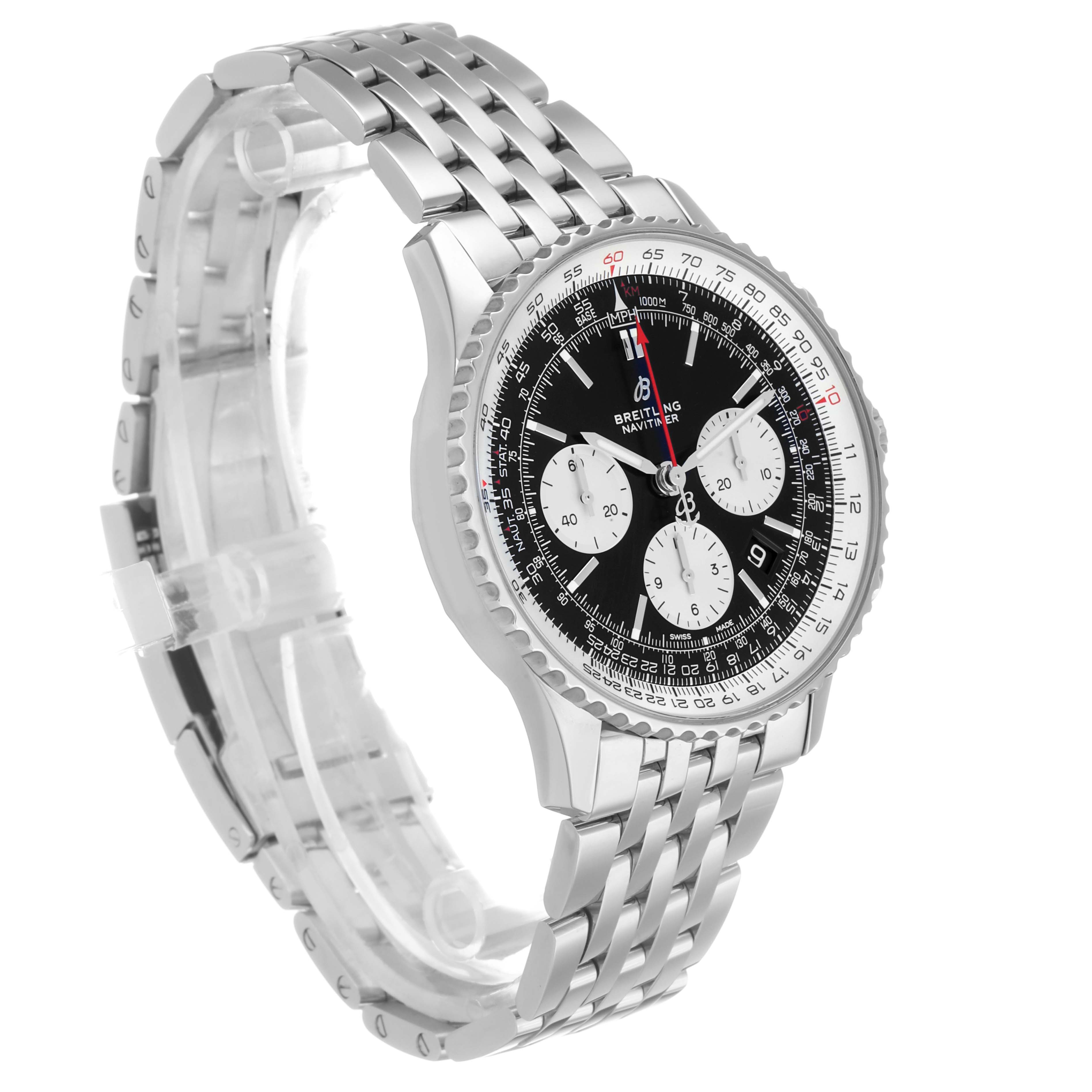 The Breitling Navitimer AB0121 Men's Stainless Steel Black Dial watch is shown at a 3/4 angle, highlighting the face, bezel, chronograph subdials, and metal bracelet.