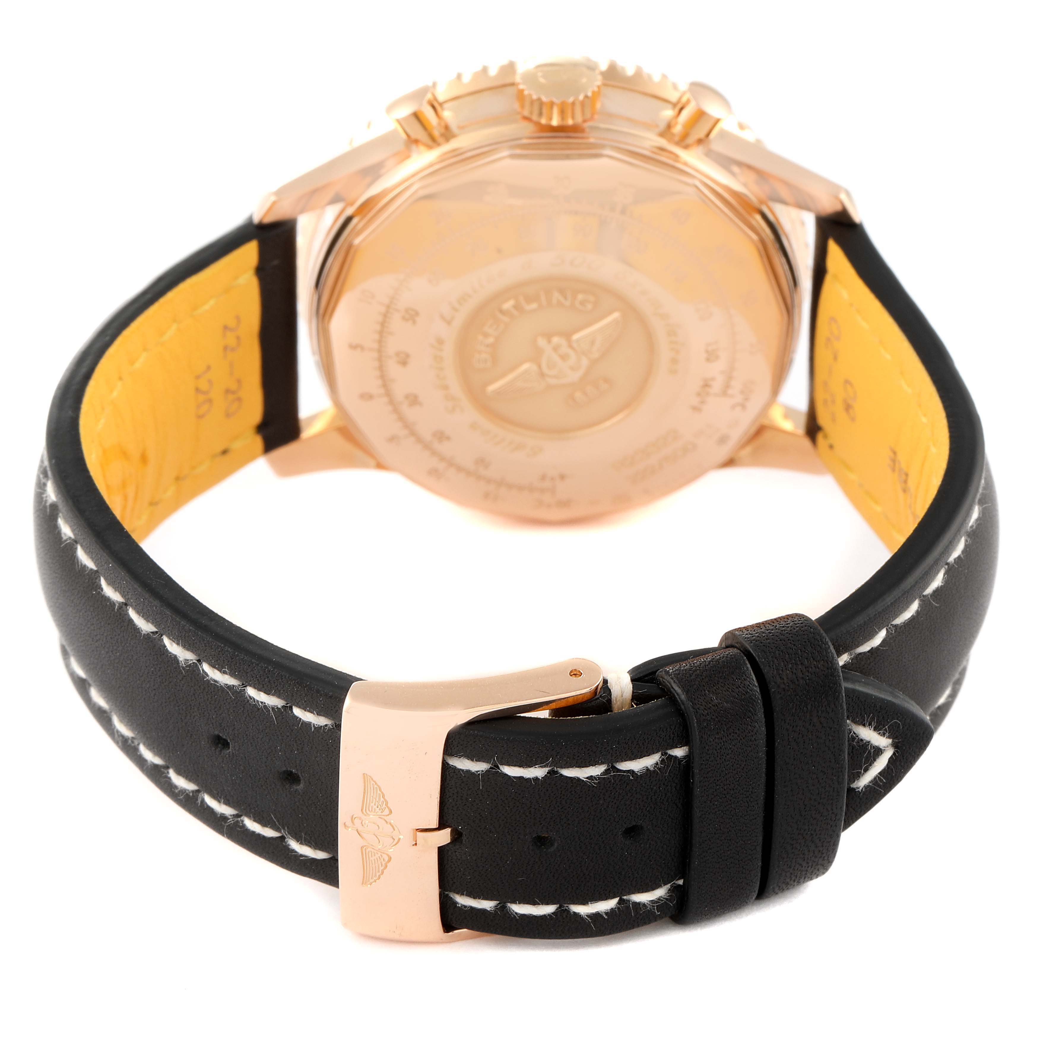 The image shows the case back and strap of a Breitling Navitimer R23322 Men's Rose Gold Black Dial R23322 Men's Rose Gold Black Dial watch from a rear angle.