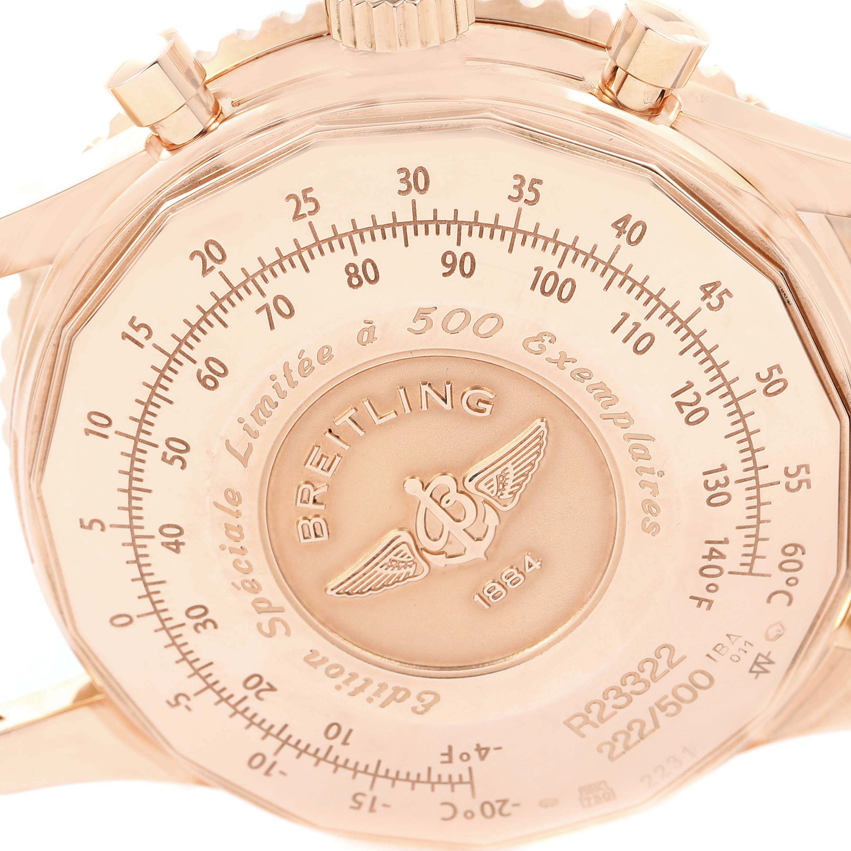 The image shows the back case of a Breitling Navitimer R23322 Men's Rose Gold Black Dial R23322 Men's Rose Gold Black Dial watch, highlighting its engravings and limited edition numbering.