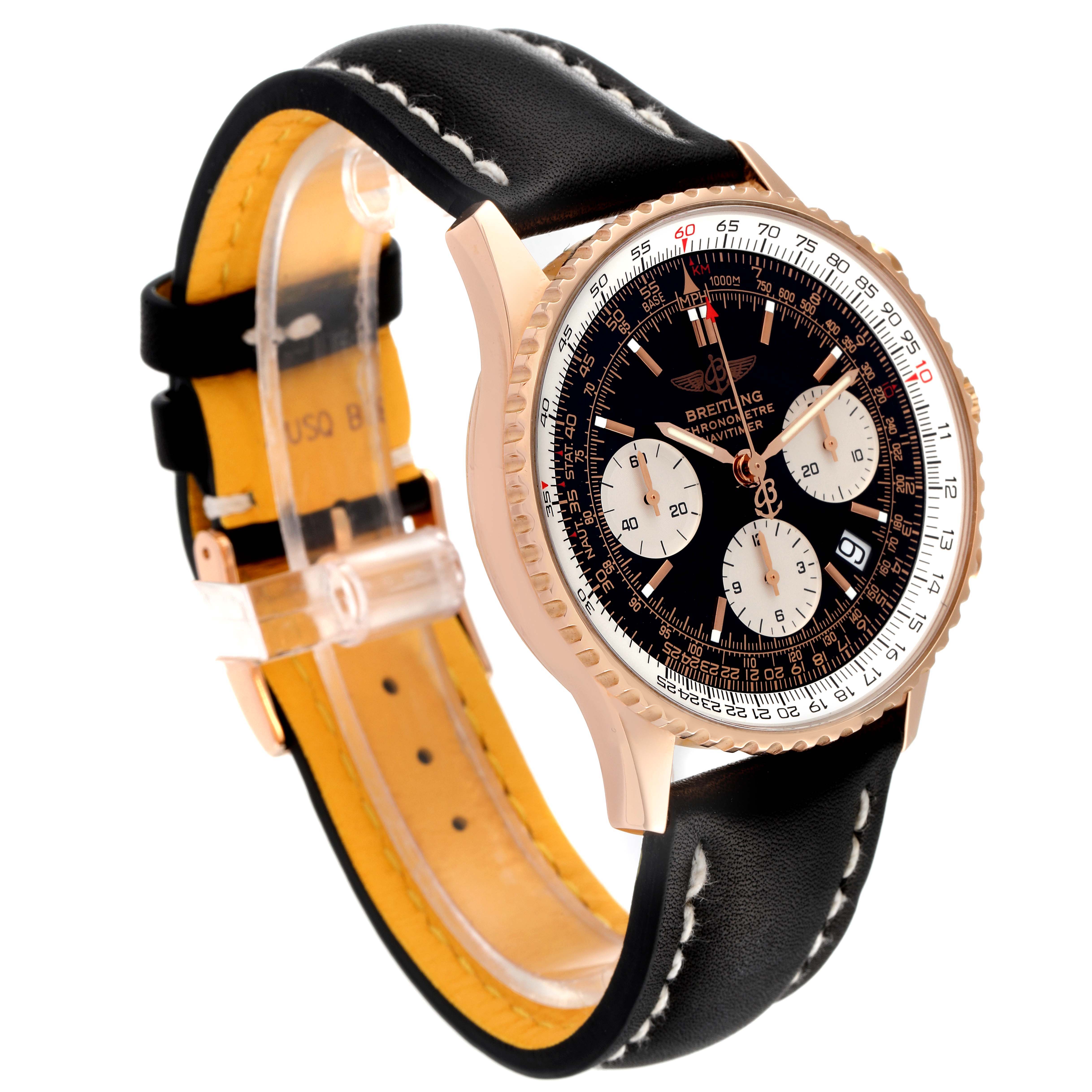 The image shows a Breitling Navitimer R23322 Men's Rose Gold Black Dial R23322 Men's Rose Gold Black Dial watch at a three-quarter angle, highlighting its black dial, chronograph subdials, and black leather strap.