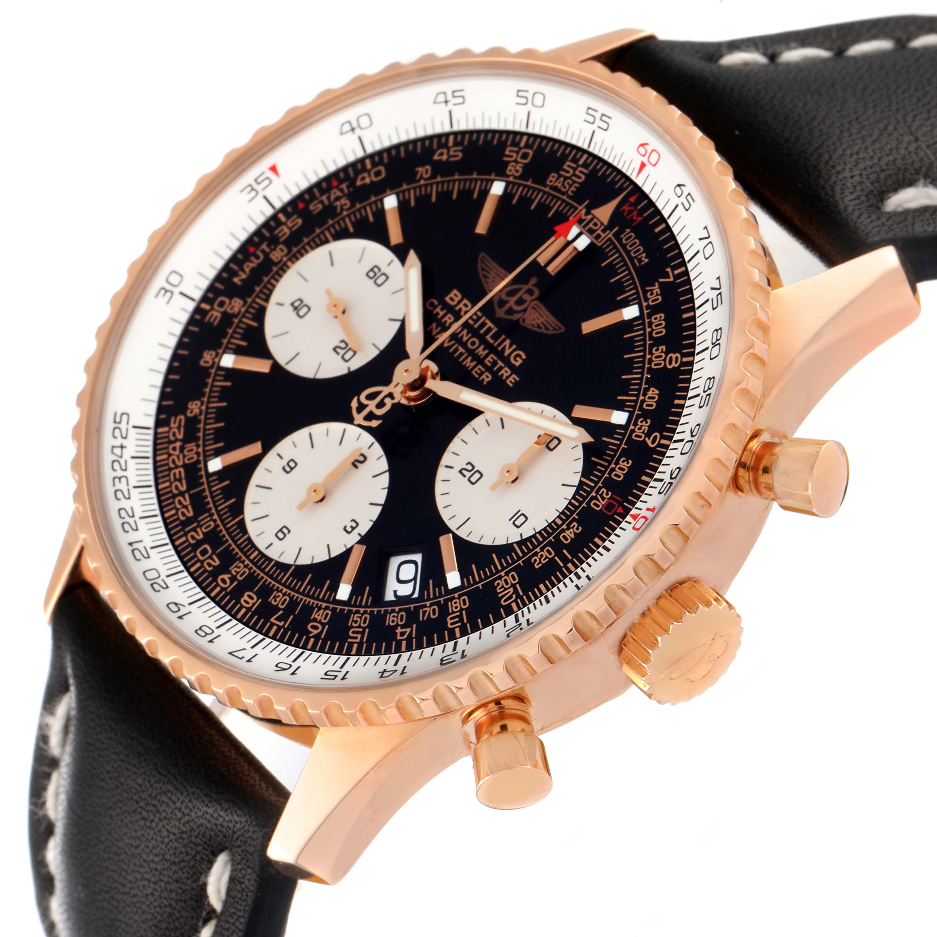 The image shows a close-up angled view of the Breitling Navitimer R23322 Men's Rose Gold Black Dial R23322 Men's Rose Gold Black Dial watch, highlighting the face, crown, and pushers.