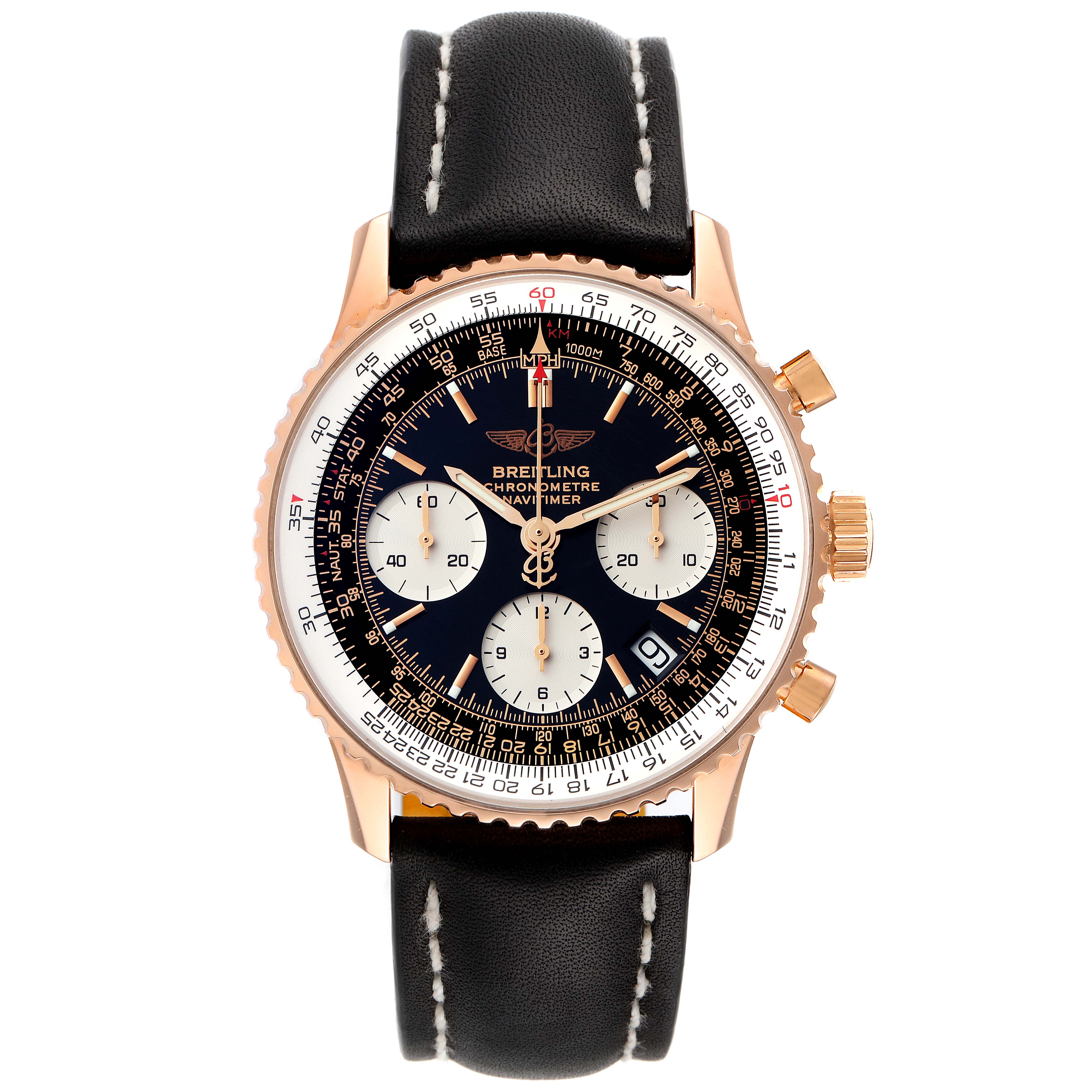 The image shows a front view of a Breitling Navitimer R23322 Men's Rose Gold Black Dial R23322 Men's Rose Gold Black Dial watch, highlighting the dial, case, and leather strap.