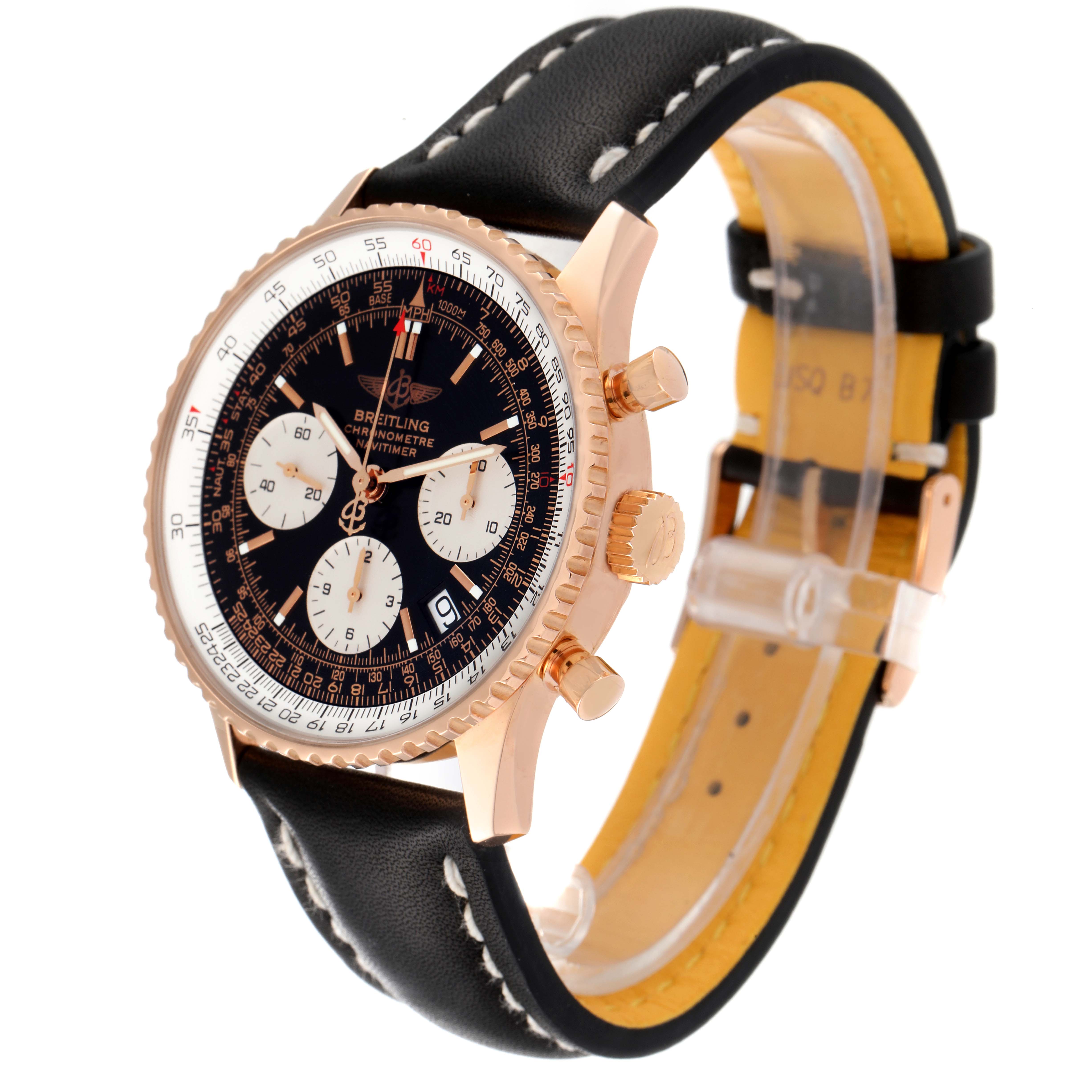 The image shows a Breitling Navitimer R23322 Men's Rose Gold Black Dial R23322 Men's Rose Gold Black Dial watch from a side angle, highlighting the face, bezel, crown, and leather strap.
