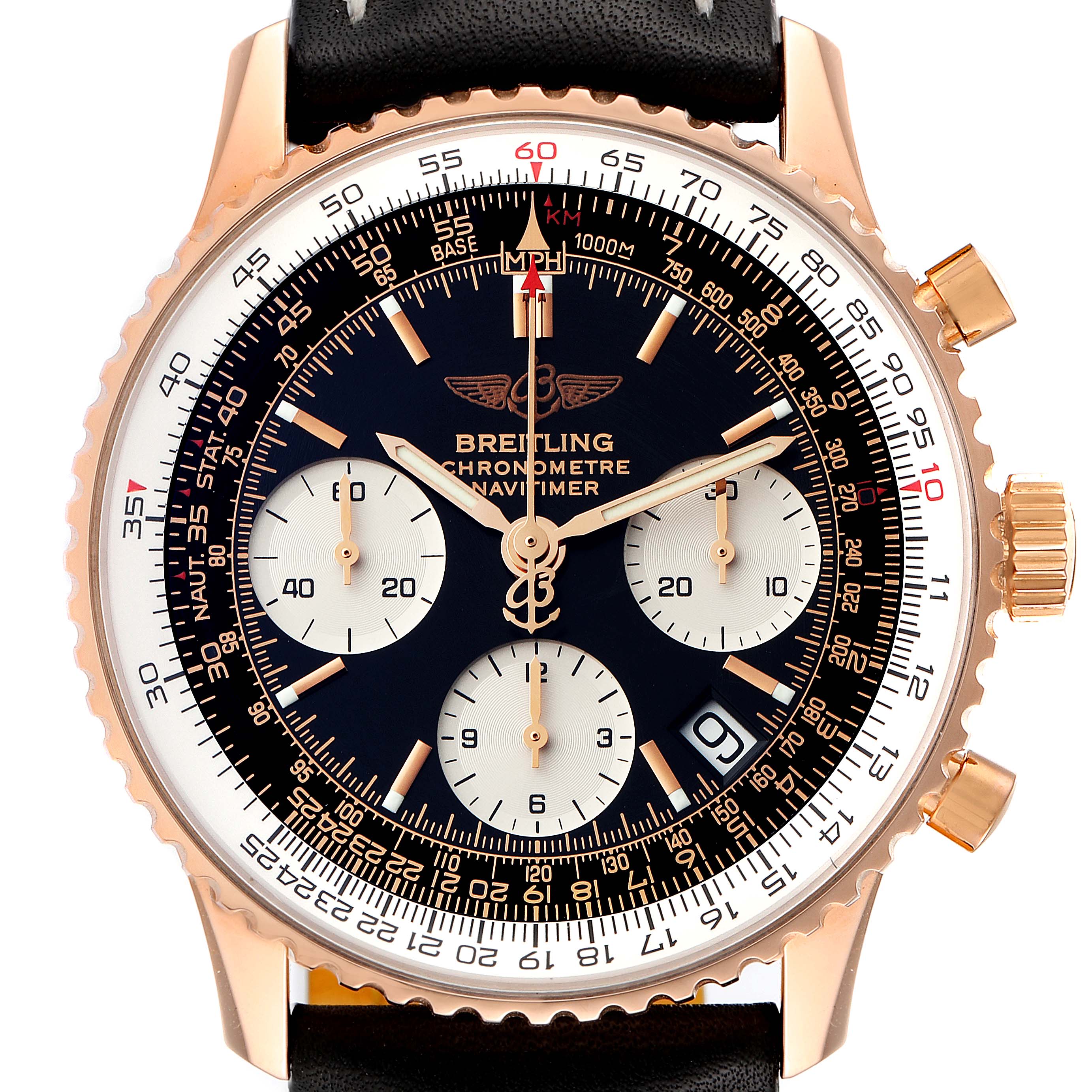 This image shows a close-up of the Breitling Navitimer R23322 Men's Rose Gold Black Dial R23322 Men's Rose Gold Black Dial watch face including the chronograph dials, bezel, and crown.