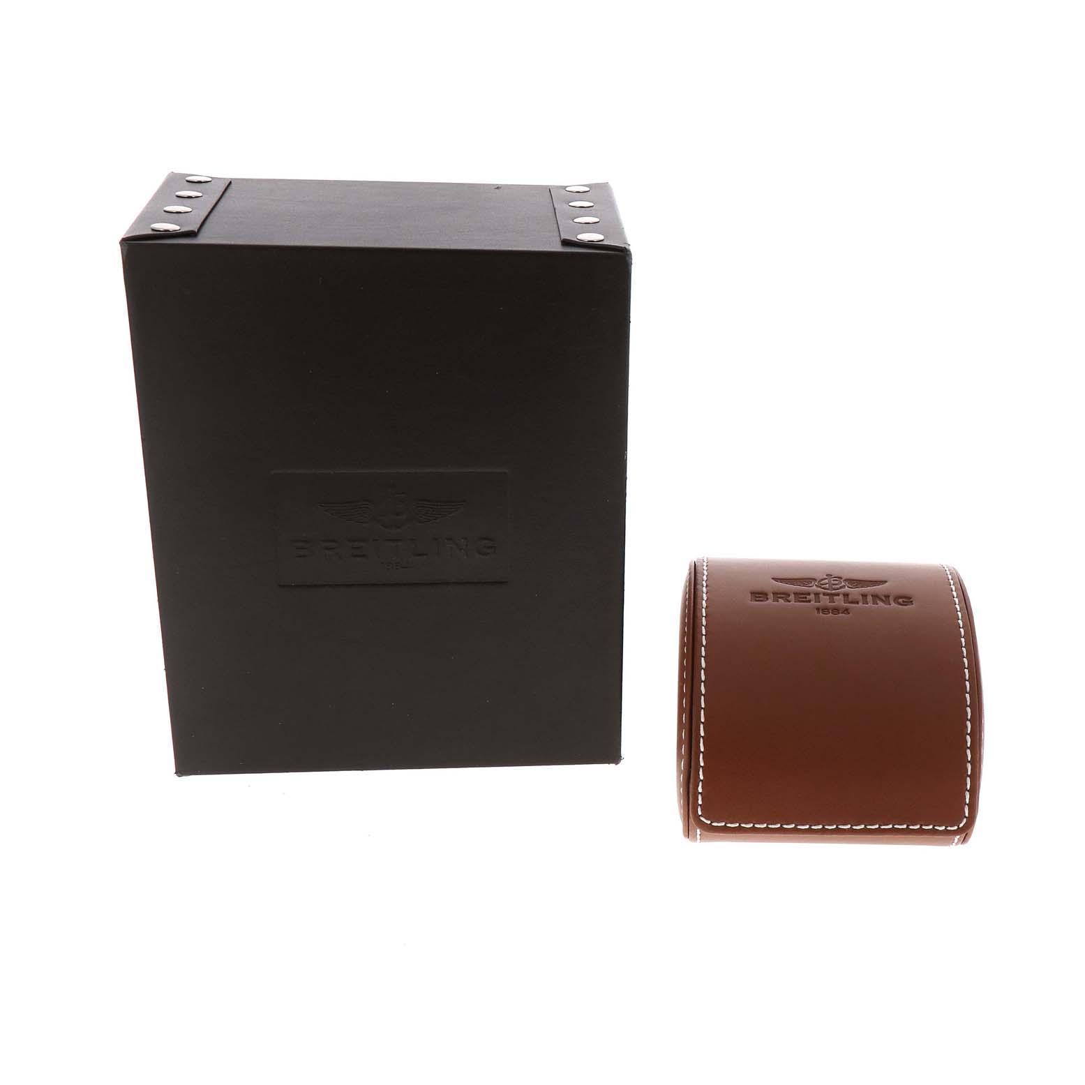 The image shows the box and leather case of a Breitling Navitimer R23322 Men's Rose Gold Black Dial R23322 Men's Rose Gold Black Dial watch on a plain white background.