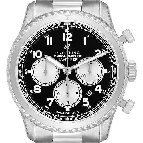 The Breitling Navitimer AB0117 Men's Stainless Steel Black Dial watch is shown from the front, displaying its dial, bezel, and pushers.