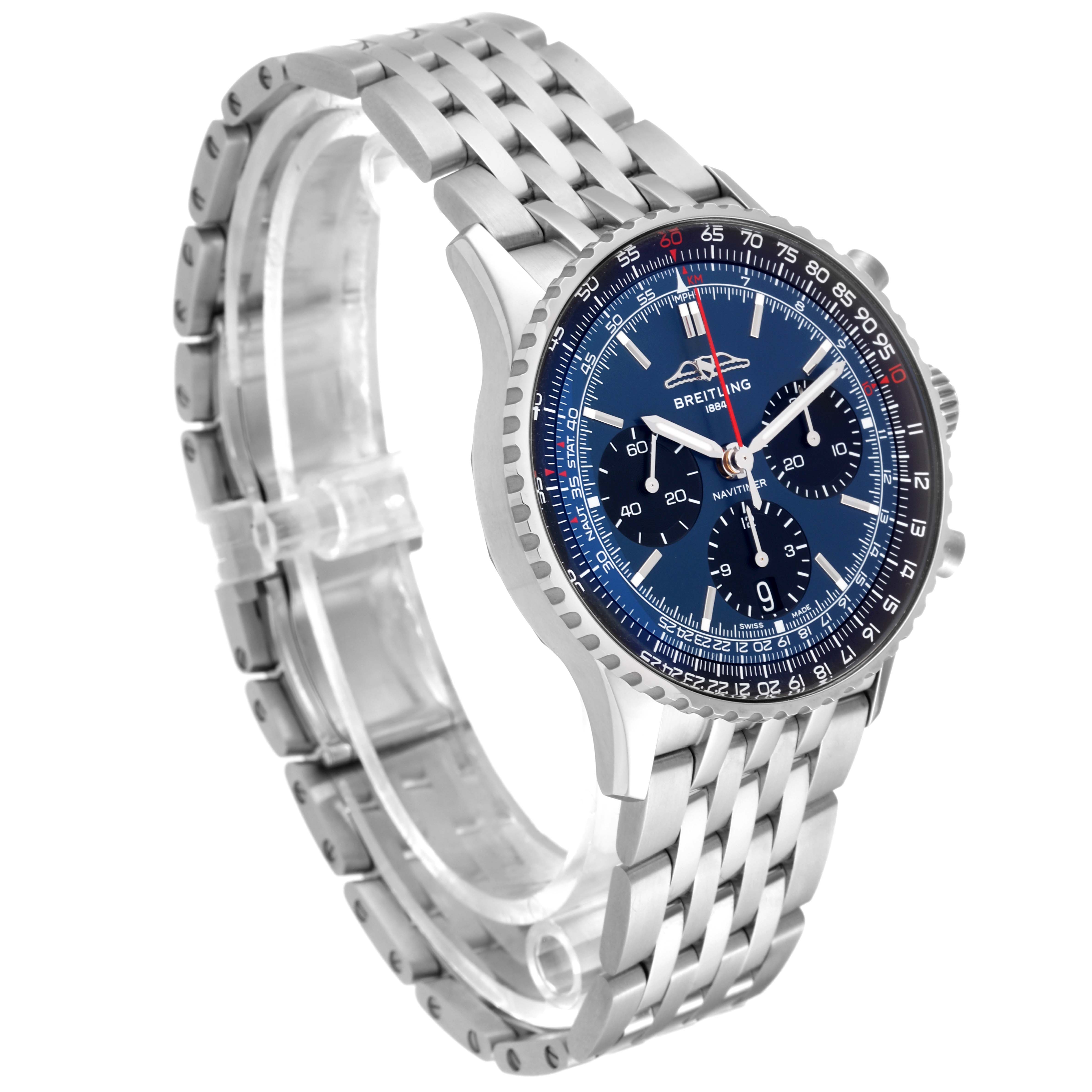 The Breitling Navitimer AB0139241C1A1 Men
s Stainless Steel Blue Dial AB0139241C1A1 Men
s Stainless Steel Blue Dial watch is shown at an angled view highlighting the face, bezel, and metal bracelet.