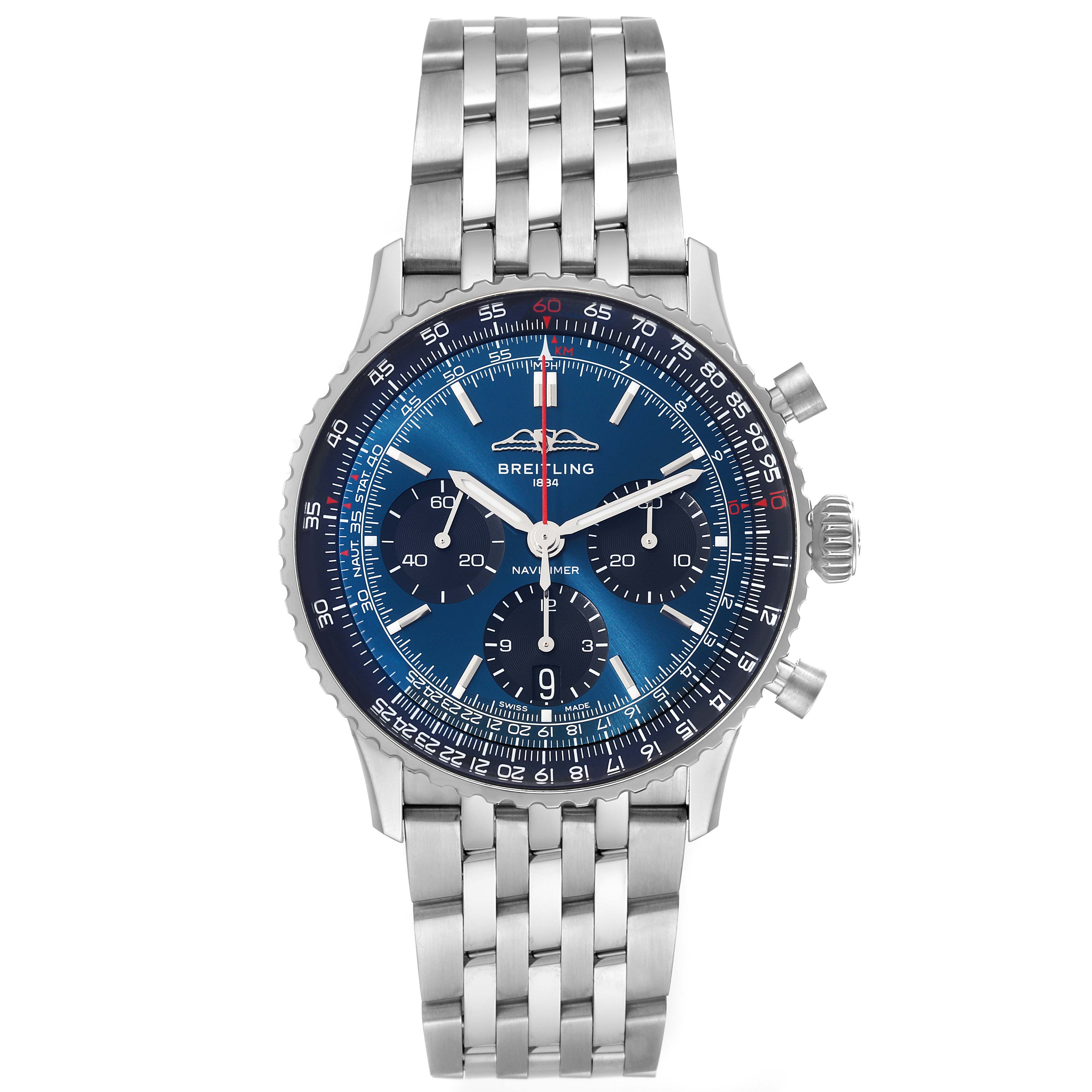 The Breitling Navitimer AB0139241C1A1 Men
s Stainless Steel Blue Dial AB0139241C1A1 Men
s Stainless Steel Blue Dial watch is shown from a front angle, displaying the blue dial, bezel, subdials, and metal bracelet.