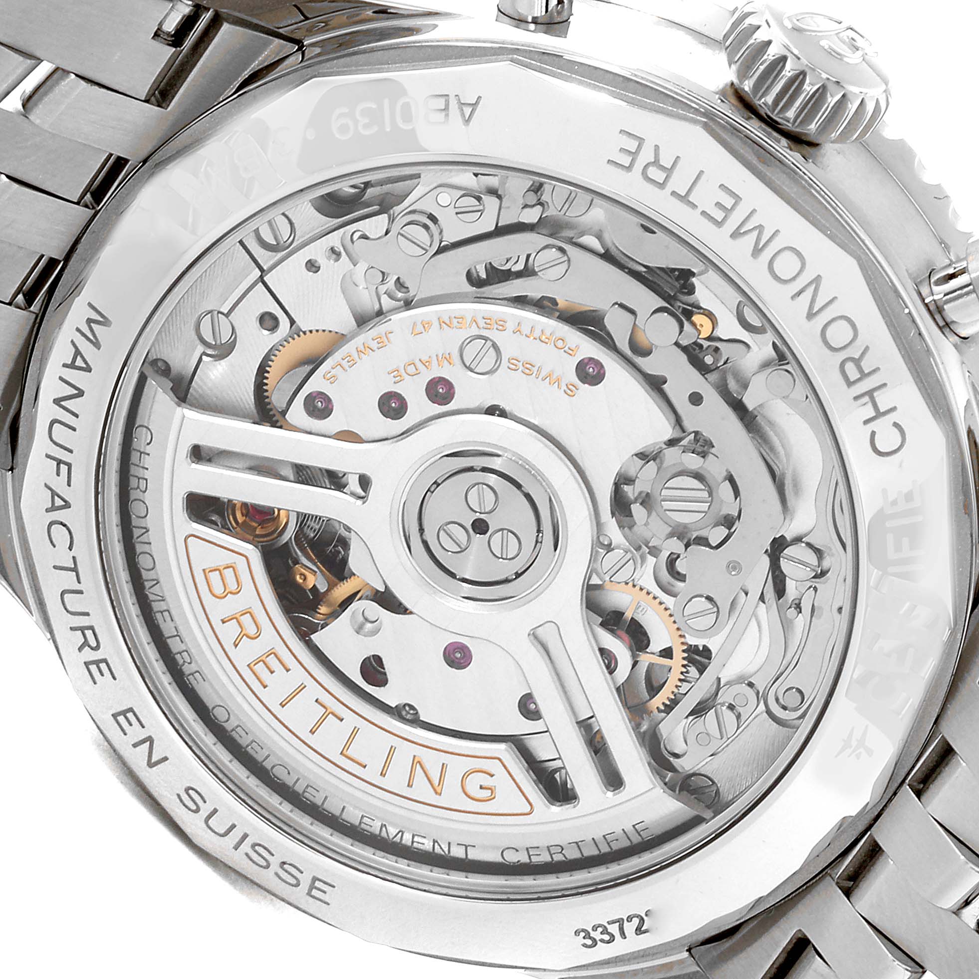 The image shows the back view of a Breitling Navitimer AB0139241C1A1 Men
s Stainless Steel Blue Dial AB0139241C1A1 Men
s Stainless Steel Blue Dial watch, highlighting its intricate mechanical movement.