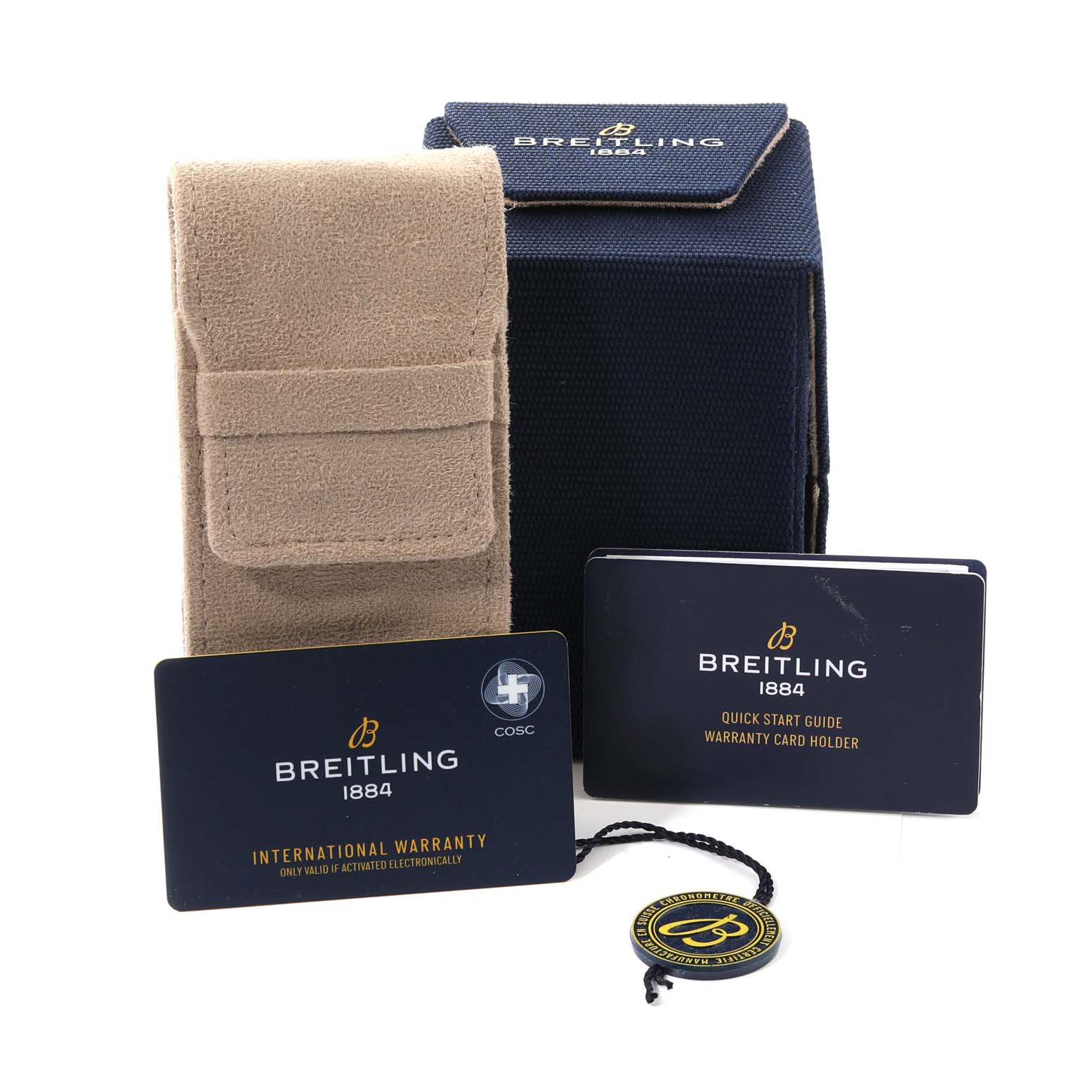 The image shows accessories for the Breitling Navitimer AB0139241C1A1 Men
s Stainless Steel Blue Dial AB0139241C1A1 Men
s Stainless Steel Blue Dial, including a pouch, box, warranty card, guide, and a tag.