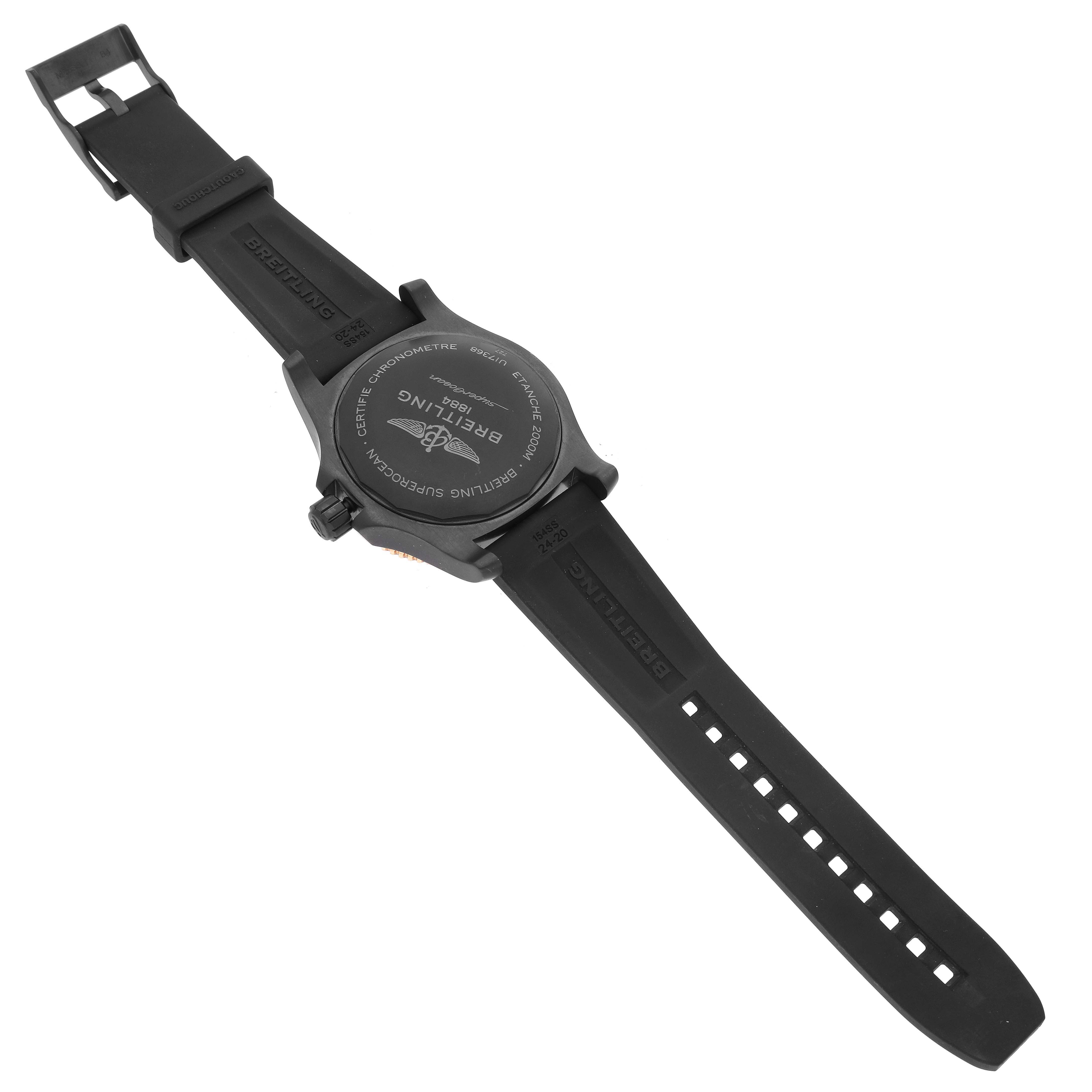 The image shows the back case and straps of a Breitling Superocean U17368 Men's Stainless Steel Black Dial U17368 Men's Stainless Steel Black Dial watch, angled to display the logo and text on the back.