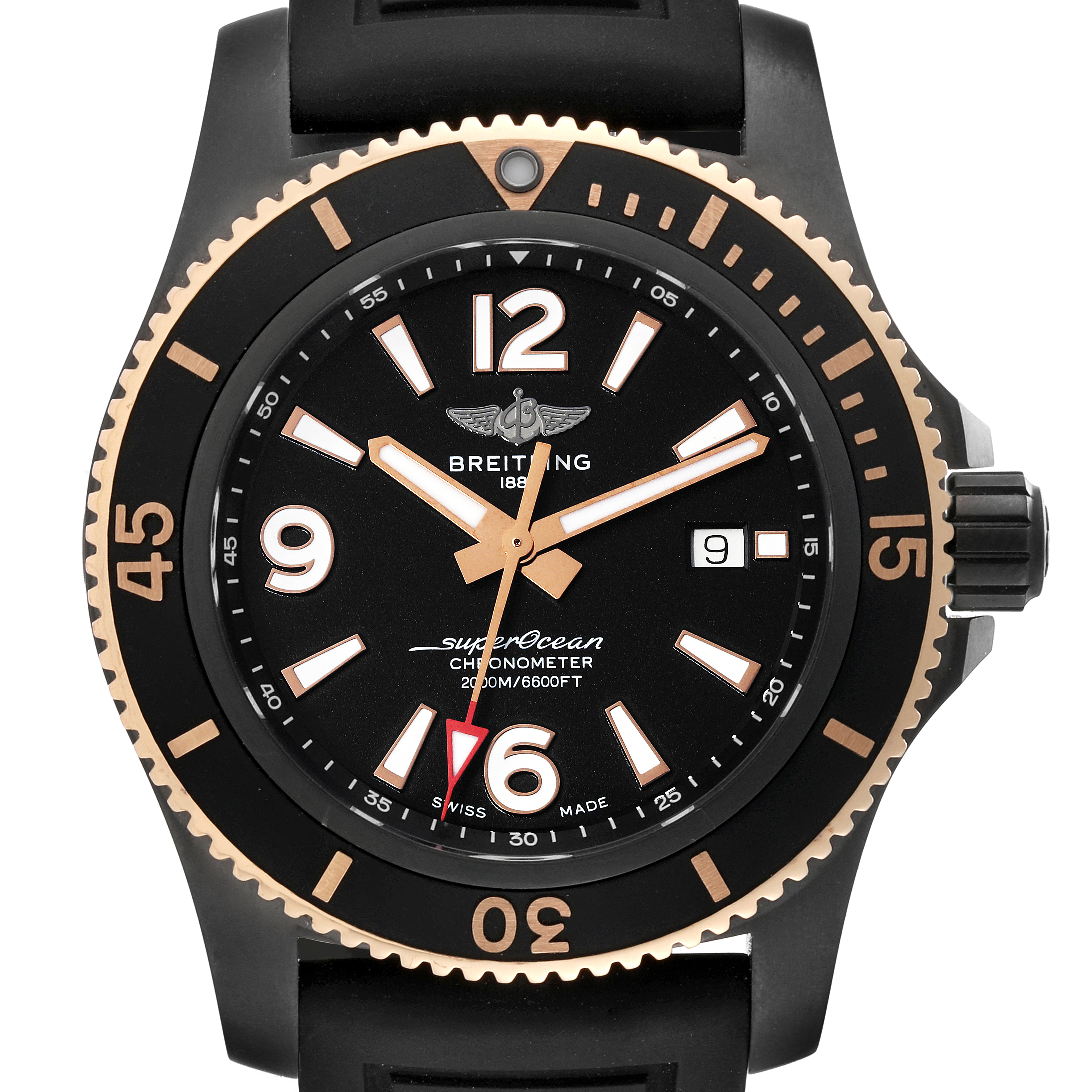 The image shows a frontal view of a Breitling Superocean U17368 Men's Stainless Steel Black Dial U17368 Men's Stainless Steel Black Dial watch, including its dial, bezel, and case.