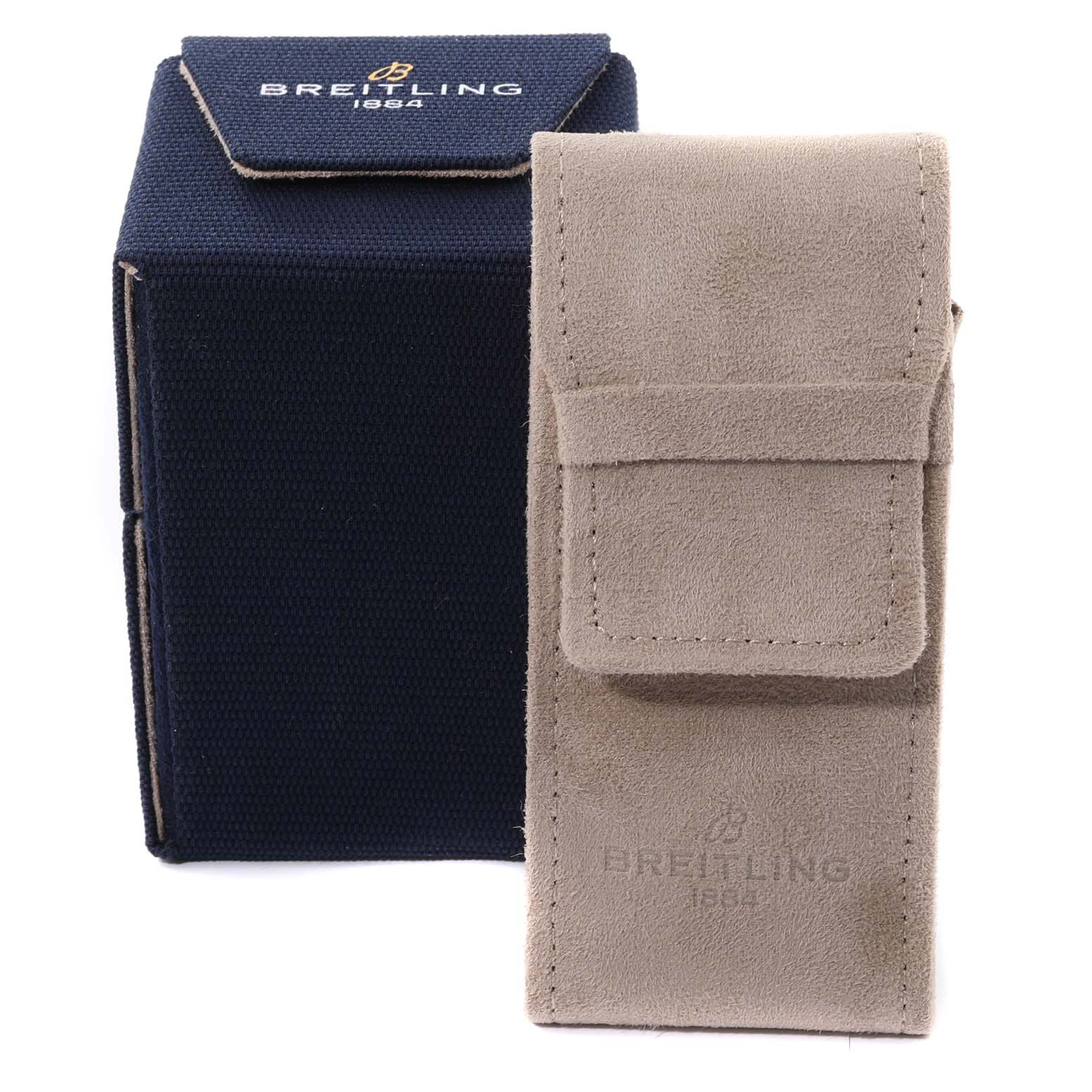 The image shows a suede watch pouch and a fabric-covered watch box, both branded Breitling for the Superocean model.