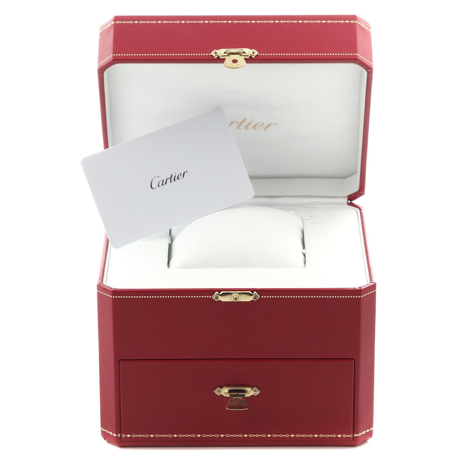 The image shows a Cartier Cle WJCL0007 Women
s White Gold Silver Dial WJCL0007 Women
s White Gold Silver Dial watch box from the front, opened, with a cushion and a card inside.