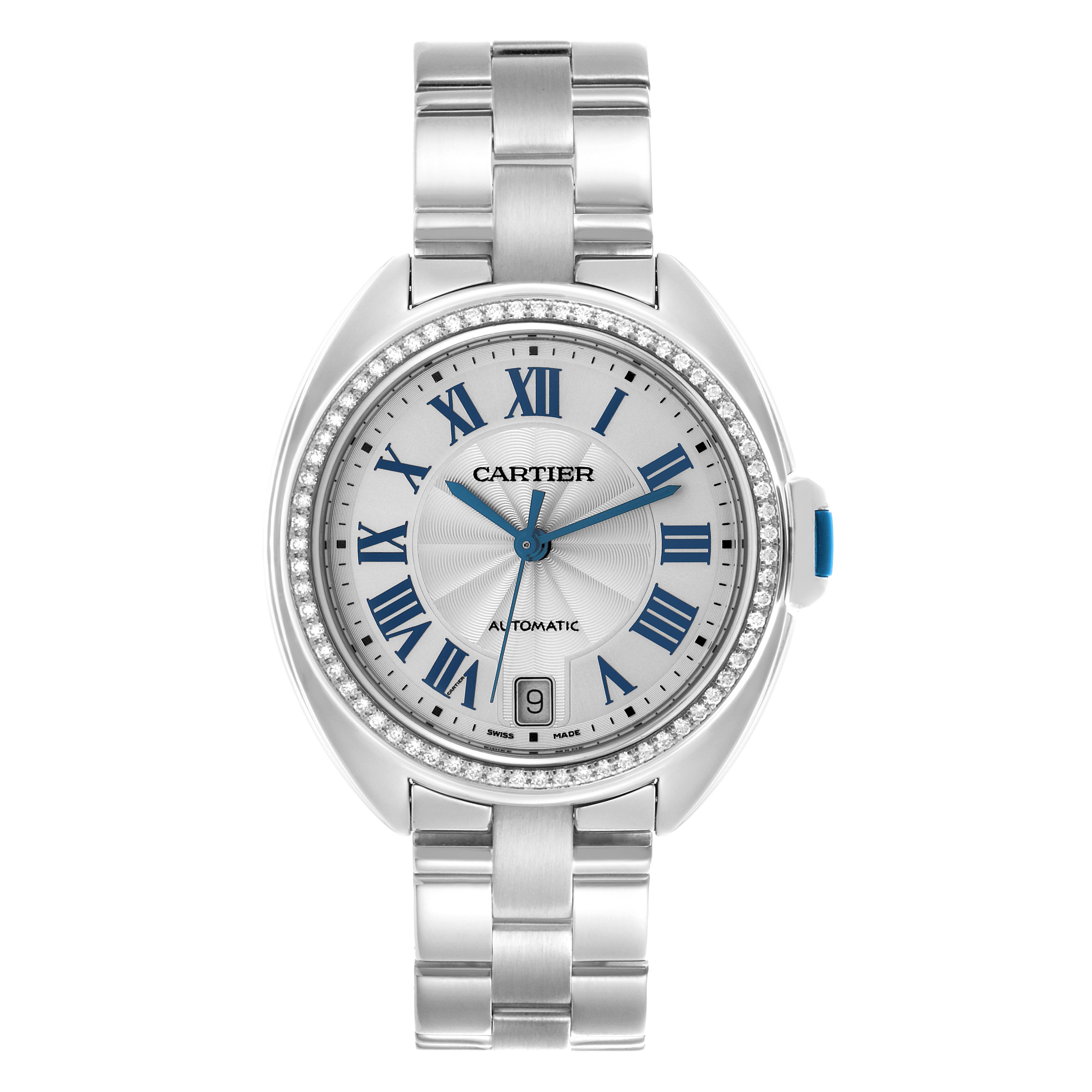 The Cartier Clé watch is shown from a front angle, highlighting its face, bezel, and bracelet.