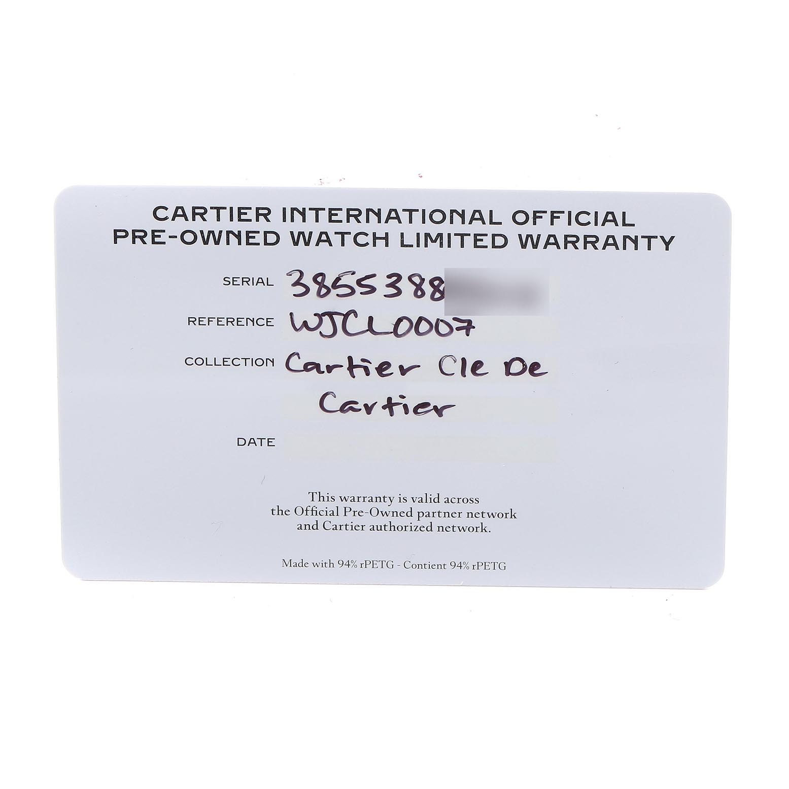 The image shows a Cartier international pre-owned watch warranty card for the Cartier Clé model, detailing serial and reference numbers.