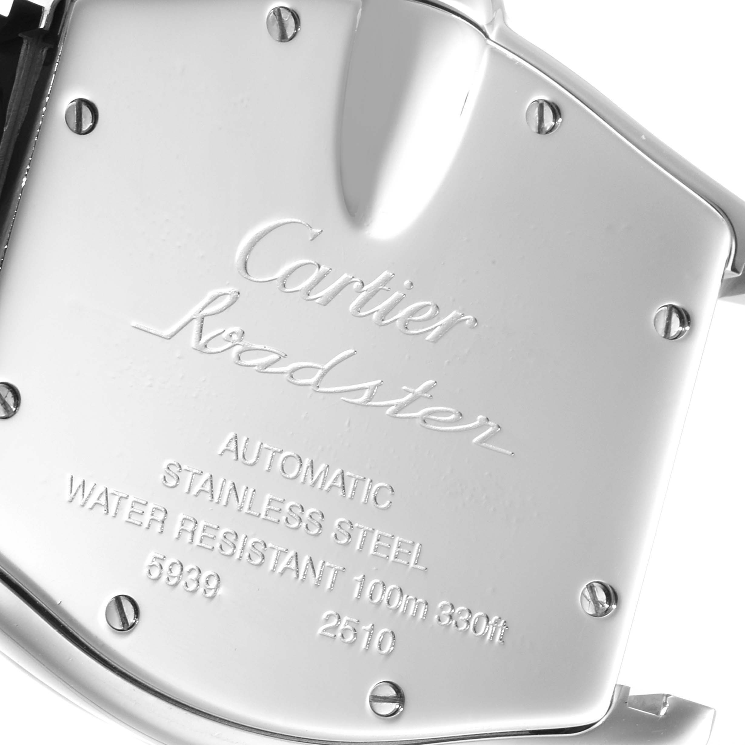 This image shows the back of a Cartier Roadster W62025V3 Men
s Stainless Steel Silver Dial W62025V3 Men
s Stainless Steel Silver Dial watch displaying the engraved brand, model, and specifications.