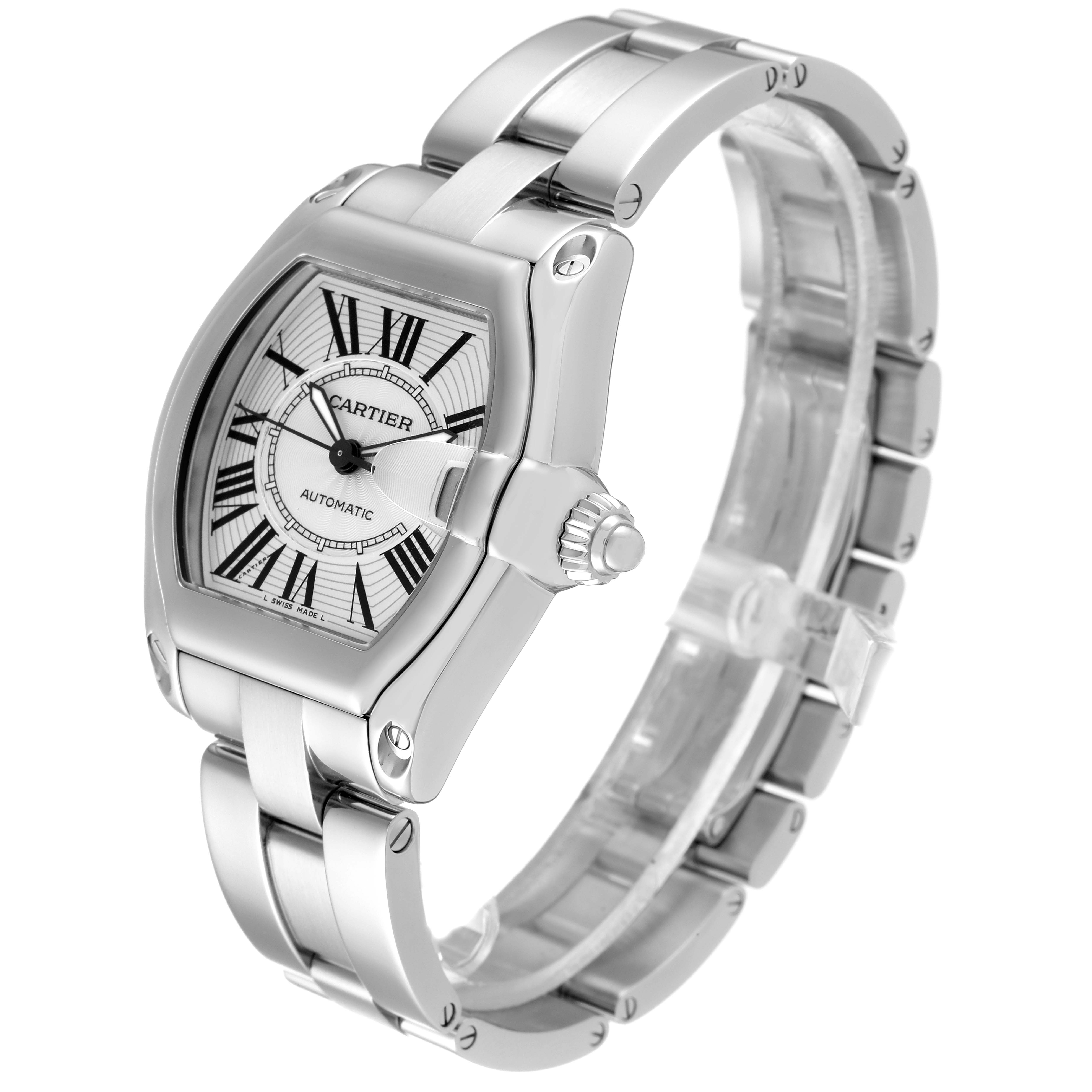 The image shows a Cartier Roadster W62025V3 Men
s Stainless Steel Silver Dial W62025V3 Men
s Stainless Steel Silver Dial watch at a 45-degree angle, highlighting the face, bezel, crown, and bracelet.