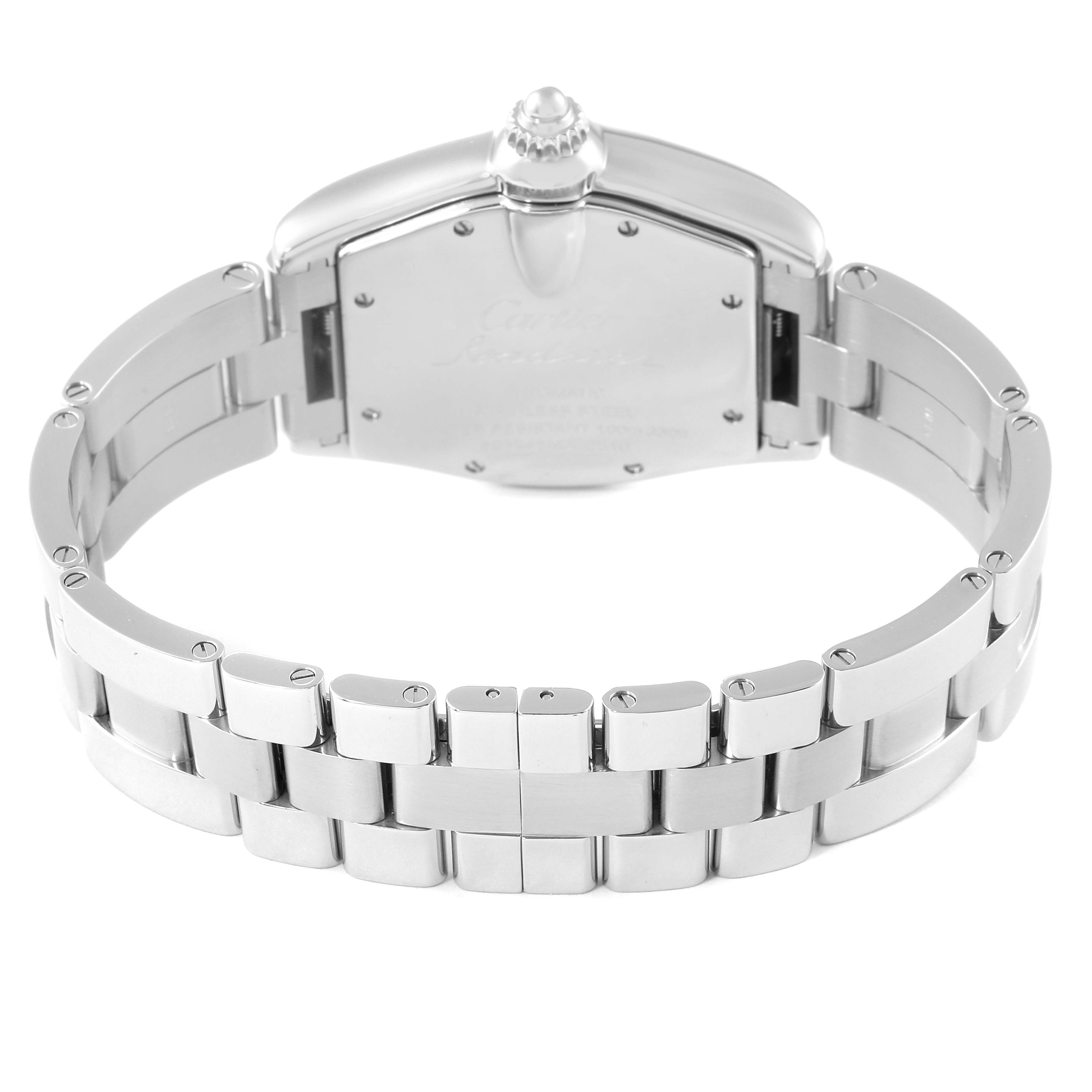 The image shows the back view of a Cartier Roadster W62025V3 Men
s Stainless Steel Silver Dial W62025V3 Men
s Stainless Steel Silver Dial watch, highlighting the case back and metal bracelet.