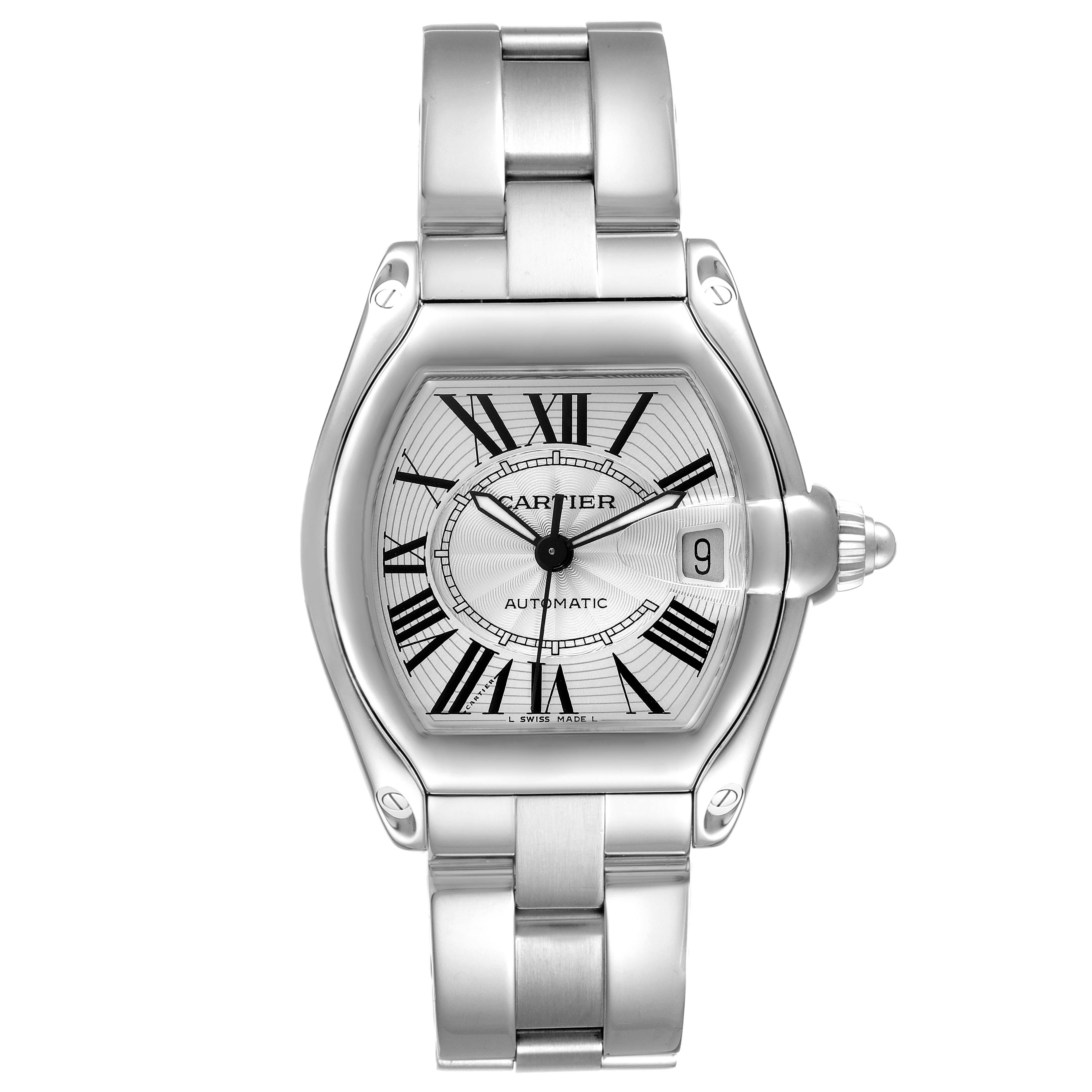 This image shows a front view of the Cartier Roadster W62025V3 Men
s Stainless Steel Silver Dial W62025V3 Men
s Stainless Steel Silver Dial watch, highlighting the dial, bracelet, and date window.