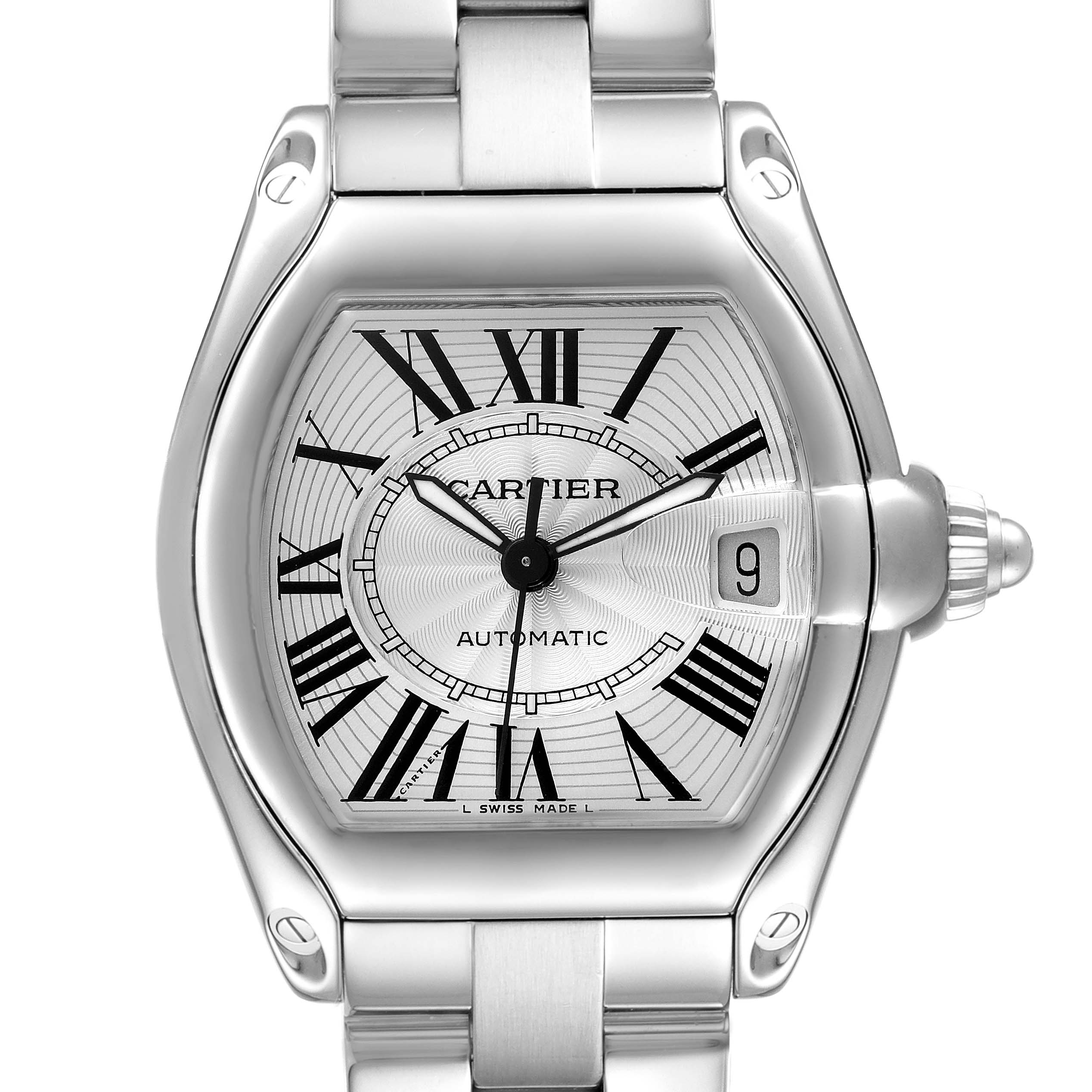 The Cartier Roadster W62025V3 Men
s Stainless Steel Silver Dial W62025V3 Men
s Stainless Steel Silver Dial watch is shown from a front angle, highlighting the dial, case, and part of the bracelet.