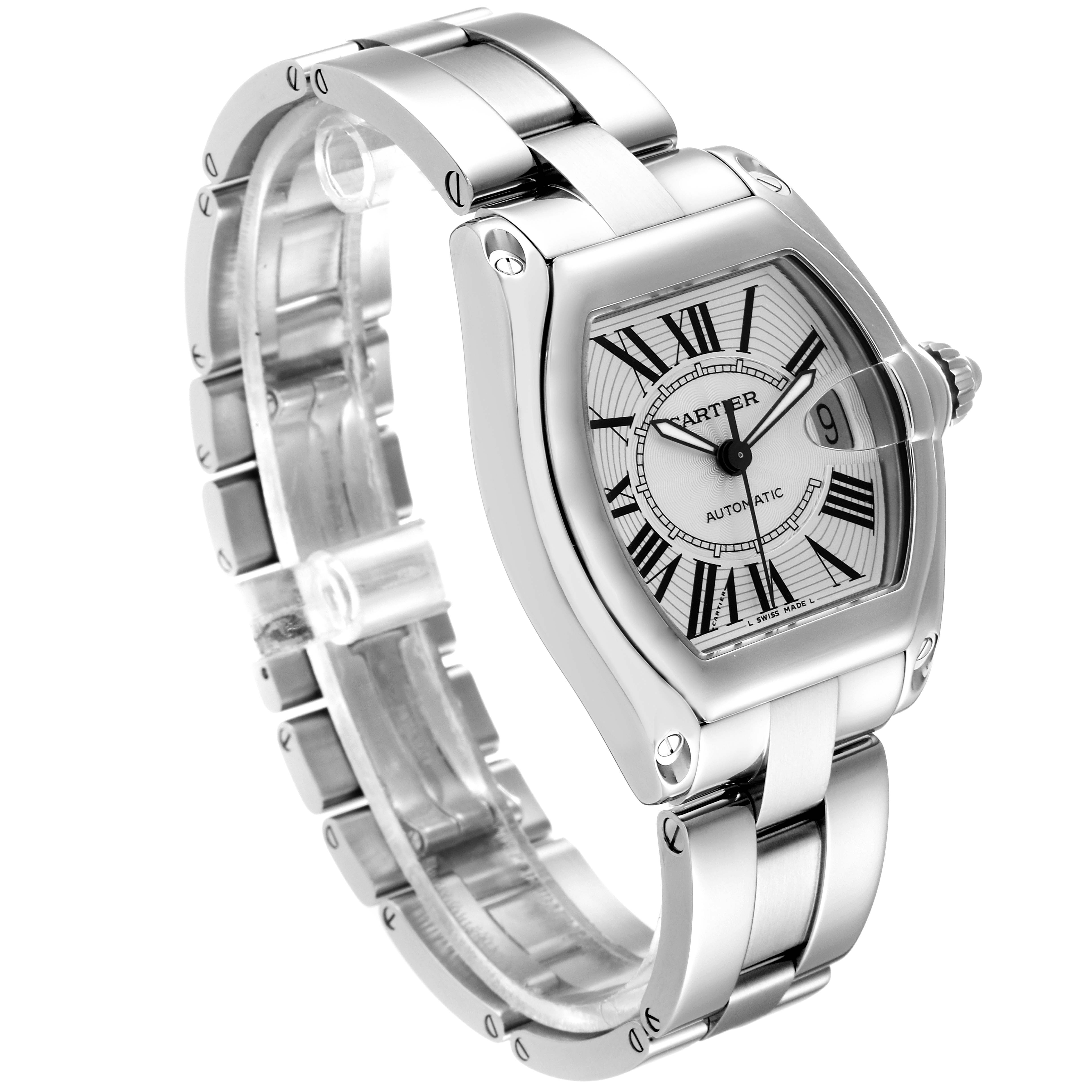 The Cartier Roadster W62025V3 Men
s Stainless Steel Silver Dial W62025V3 Men
s Stainless Steel Silver Dial watch is shown at a three-quarter angle, highlighting the face, bezel, and bracelet.