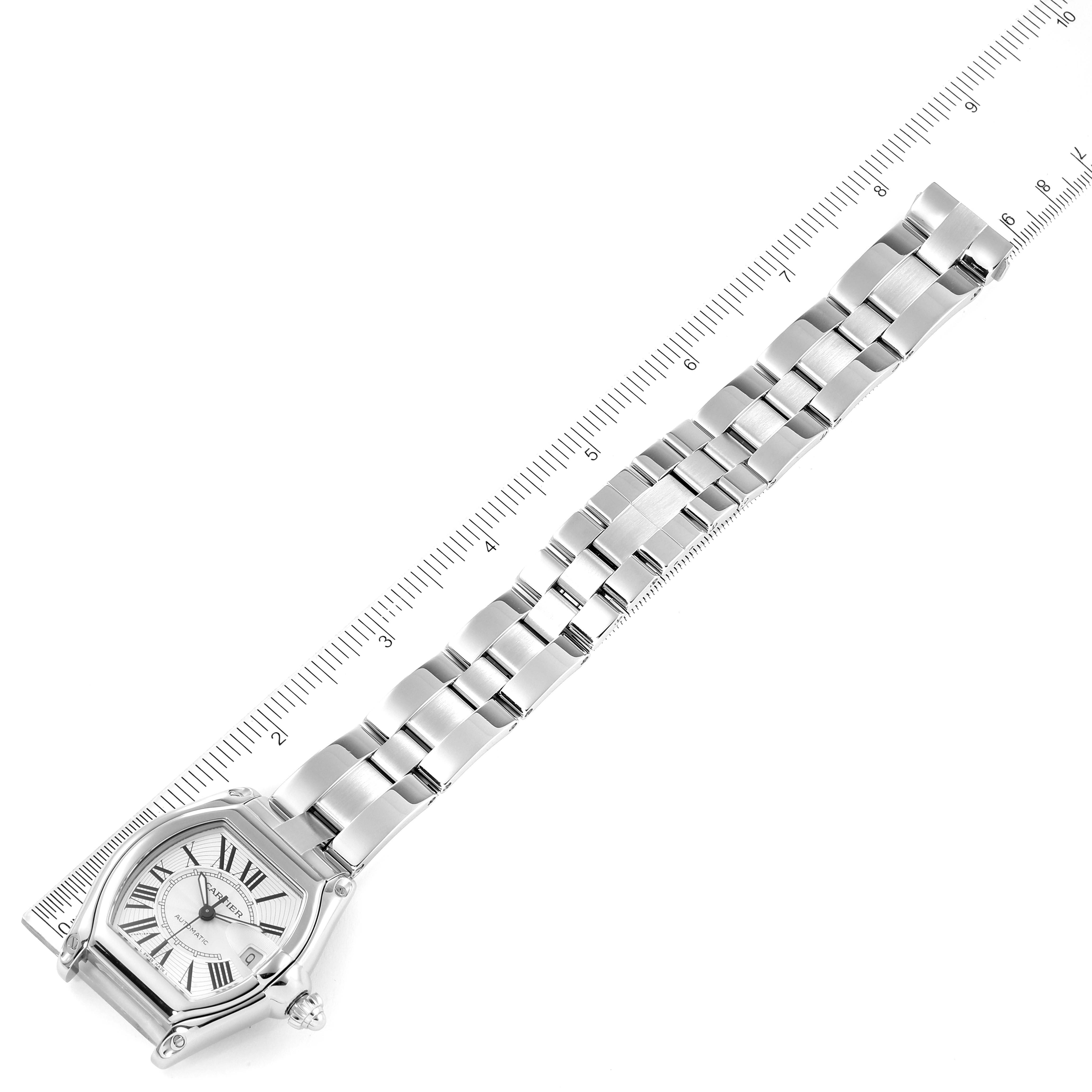 The image shows a top-down view of the Cartier Roadster W62025V3 Men
s Stainless Steel Silver Dial W62025V3 Men
s Stainless Steel Silver Dial watch, including its face and full metal bracelet.