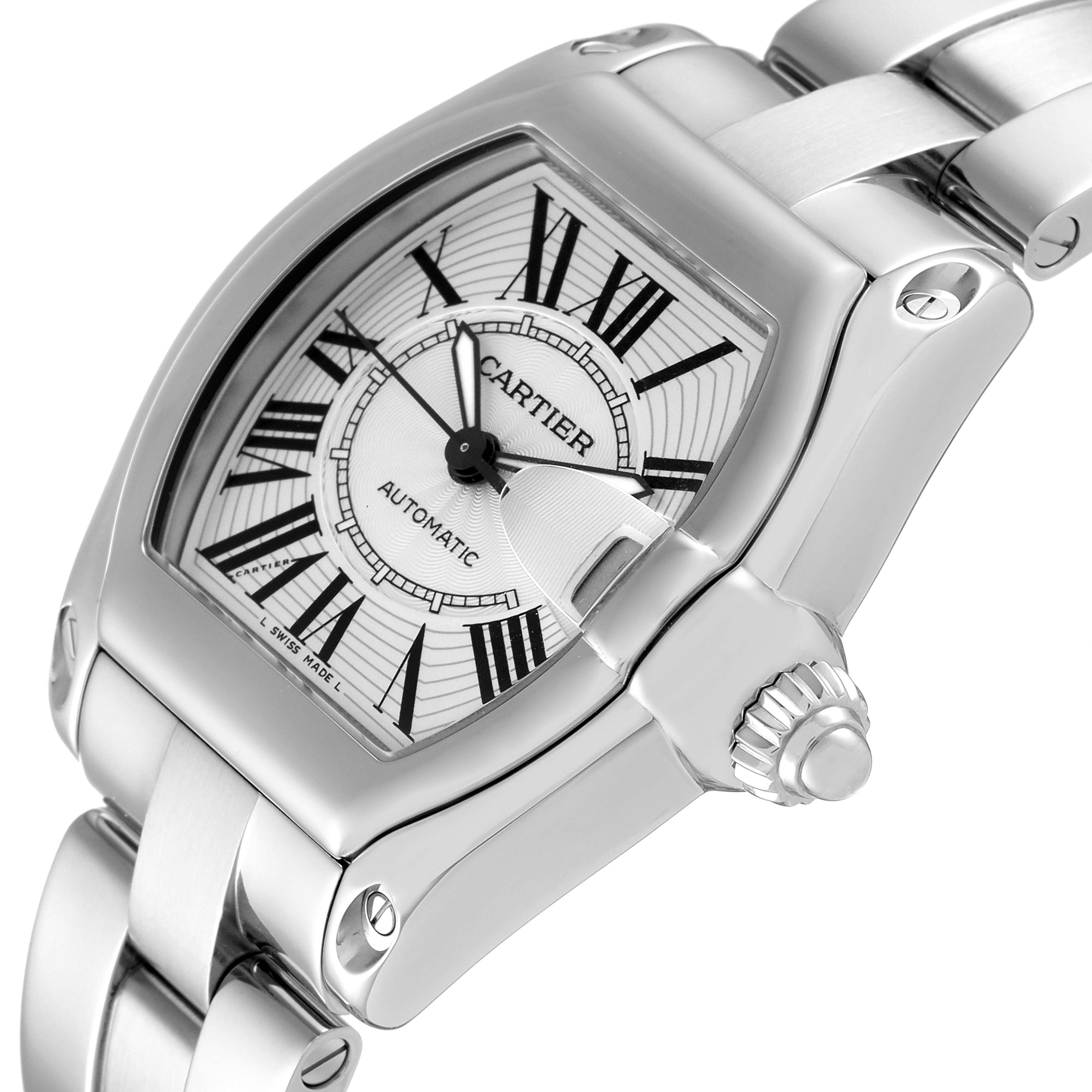 The Cartier Roadster W62025V3 Men
s Stainless Steel Silver Dial W62025V3 Men
s Stainless Steel Silver Dial watch is shown from an angle displaying the dial, case, crown, and part of the bracelet.