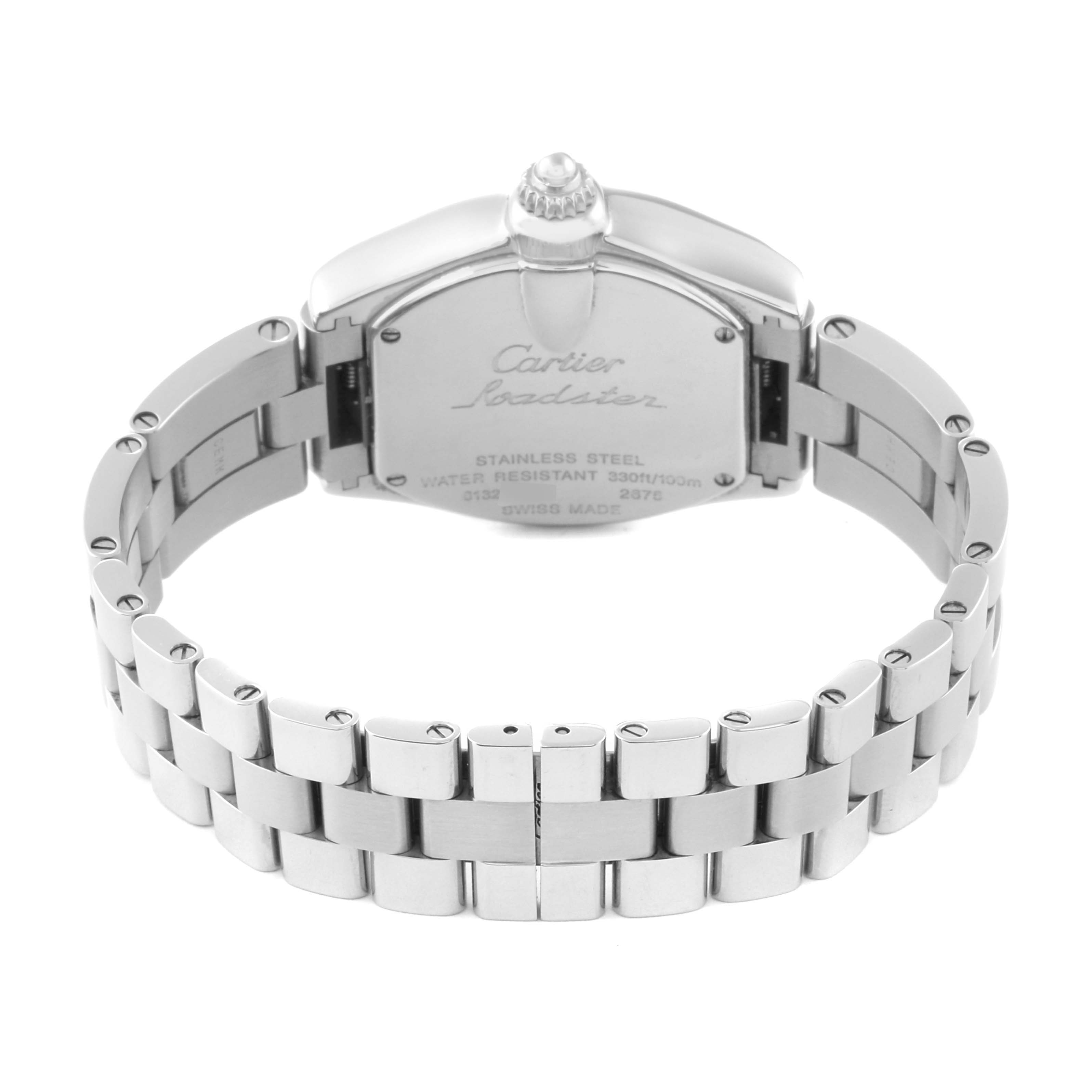 The image shows the back view of a Cartier Roadster W62017V3 Women's Stainless Steel Pink Dial W62017V3 Women's Stainless Steel Pink Dial watch, highlighting its stainless steel case and bracelet.