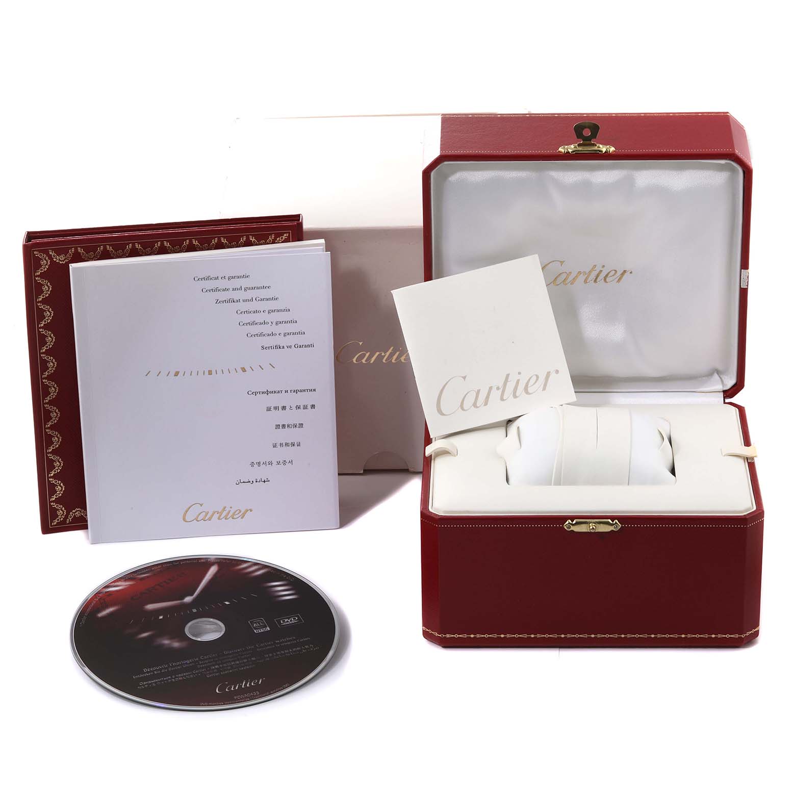 The image shows the Cartier Roadster W62017V3 Women's Stainless Steel Pink Dial W62017V3 Women's Stainless Steel Pink Dial watch packaging, including the watch box, booklet, and CD.