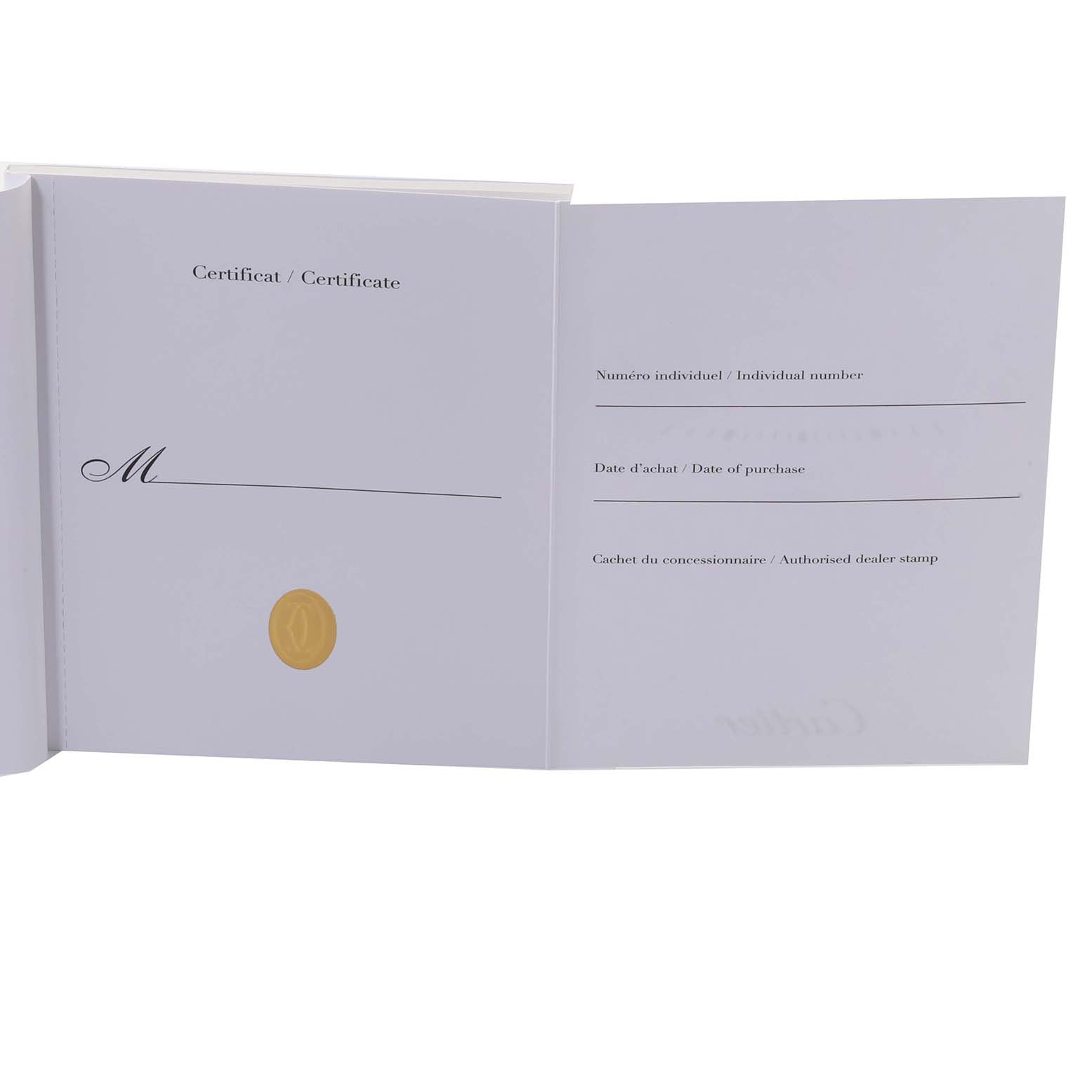 This image shows the open warranty certificate booklet for a Cartier Roadster W62017V3 Women's Stainless Steel Pink Dial W62017V3 Women's Stainless Steel Pink Dial model watch.