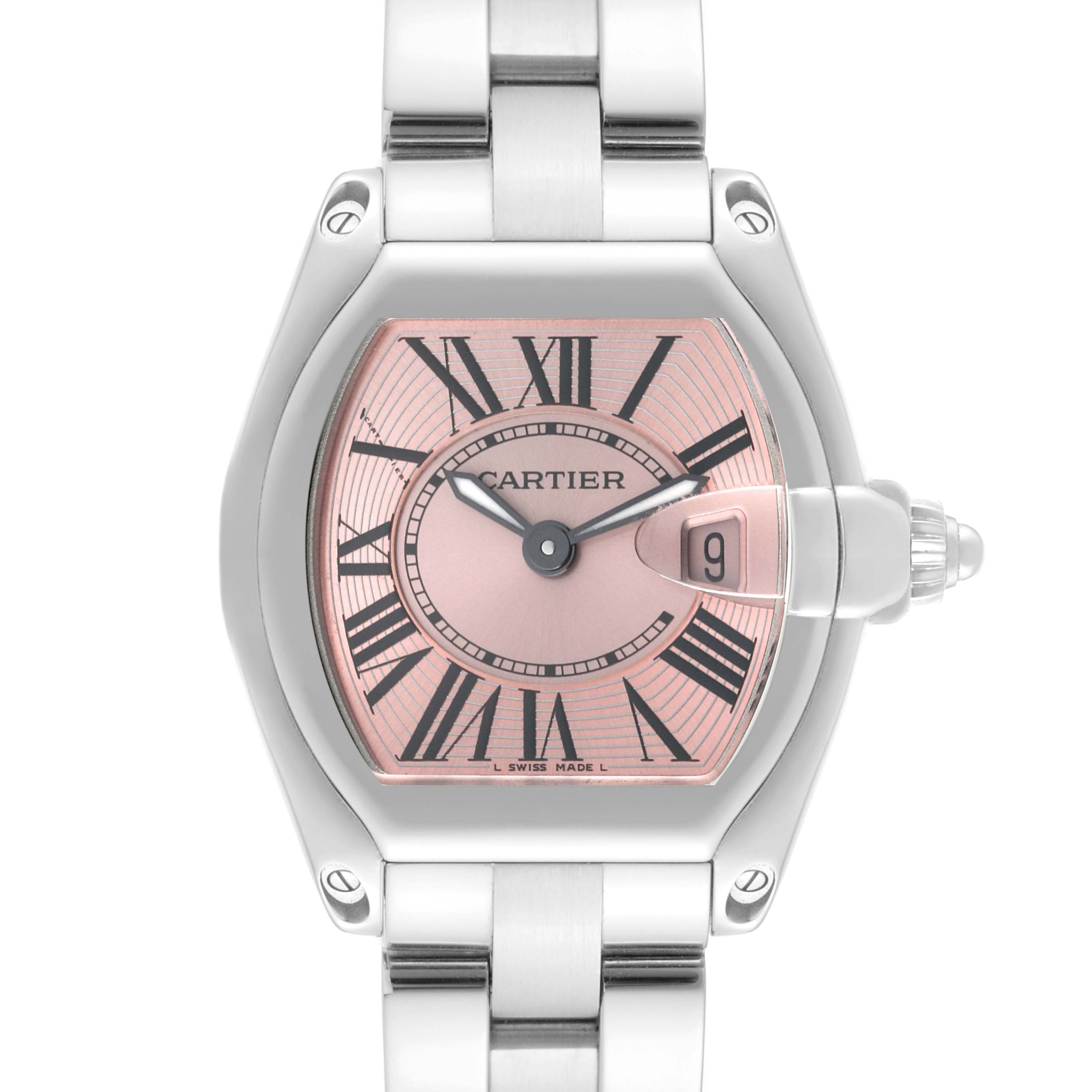 This image shows a front view of the Cartier Roadster W62017V3 Women's Stainless Steel Pink Dial W62017V3 Women's Stainless Steel Pink Dial watch with a pink dial and Roman numerals.