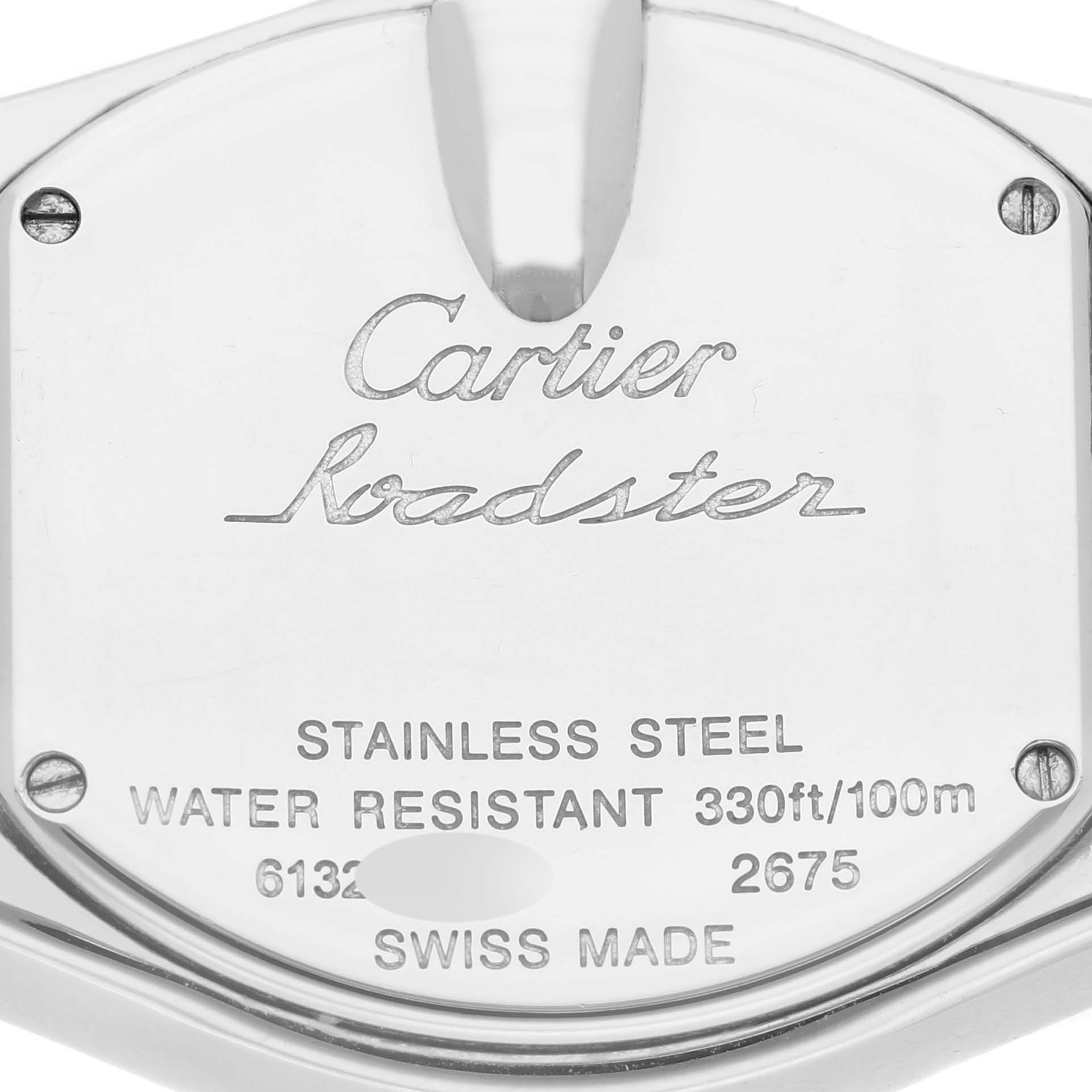 This image shows the back case of the Cartier Roadster W62017V3 Women's Stainless Steel Pink Dial W62017V3 Women's Stainless Steel Pink Dial watch, highlighting its branding and specifications.